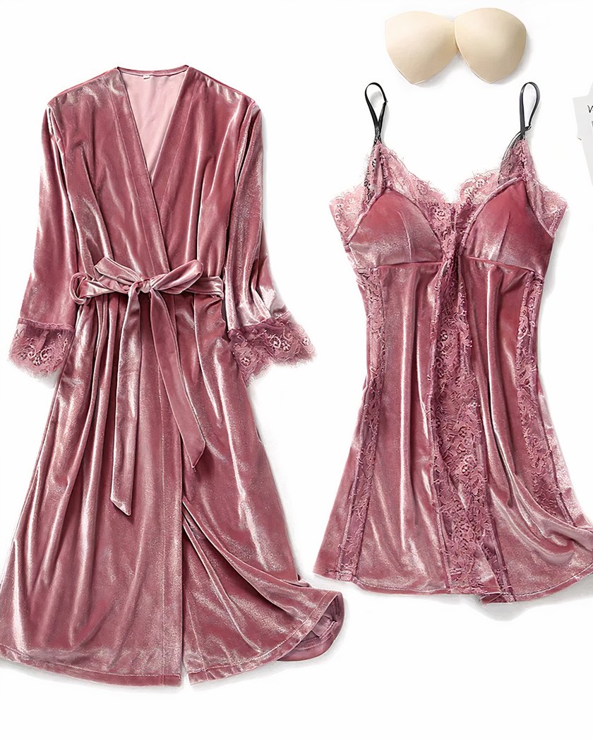 Ensemble Nuisette et Kimono en Velours Vieux Rose