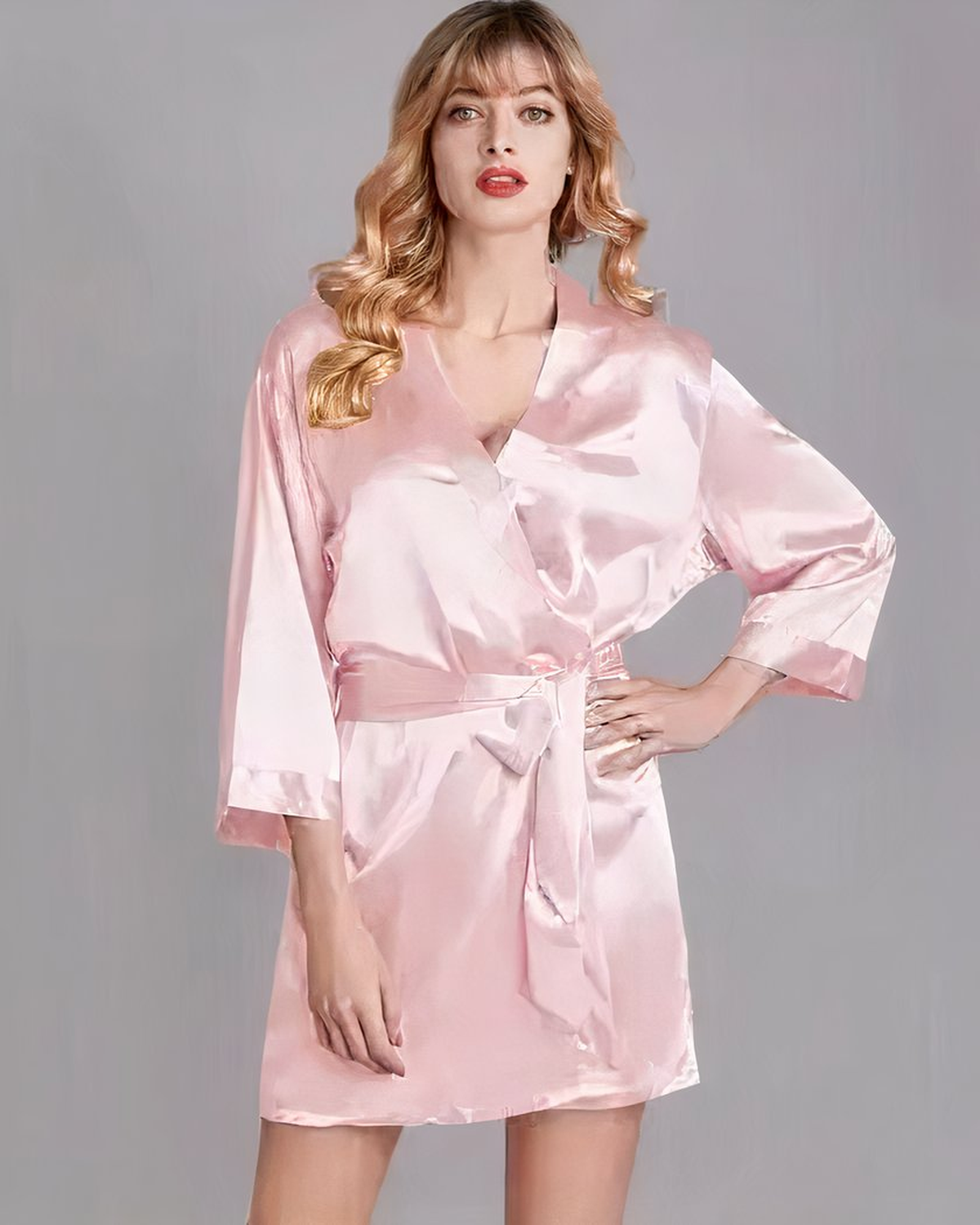 Le kimono en rose poudré, porté de face