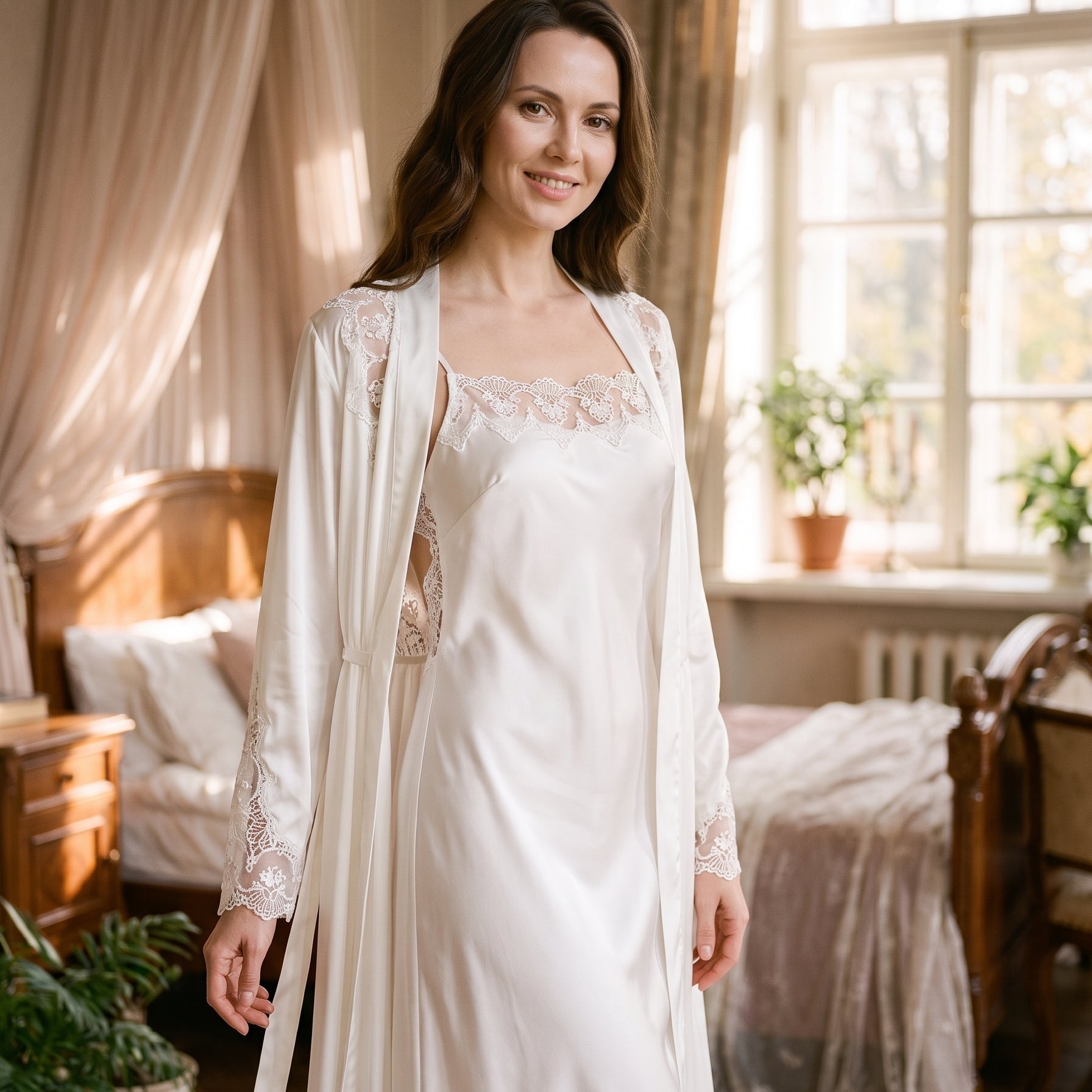 Le satin blanc, une élégance de mariée — Ensemble nuisette et peignoir en satin blanc brodé Image