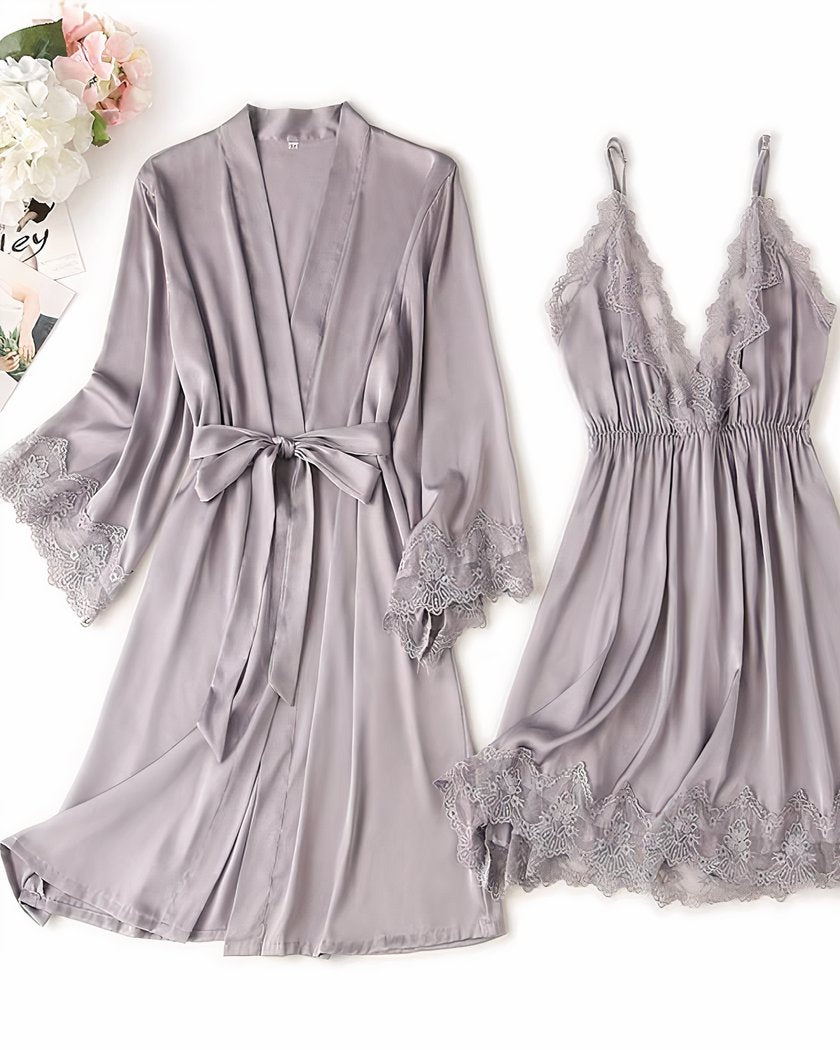 Ensemble Nuisette et Kimono en Satin Gris Dentelle