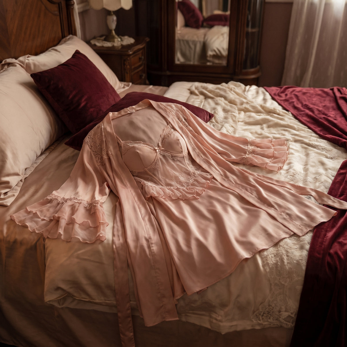 Ensemble nuisette et kimono rose posé sur le lit