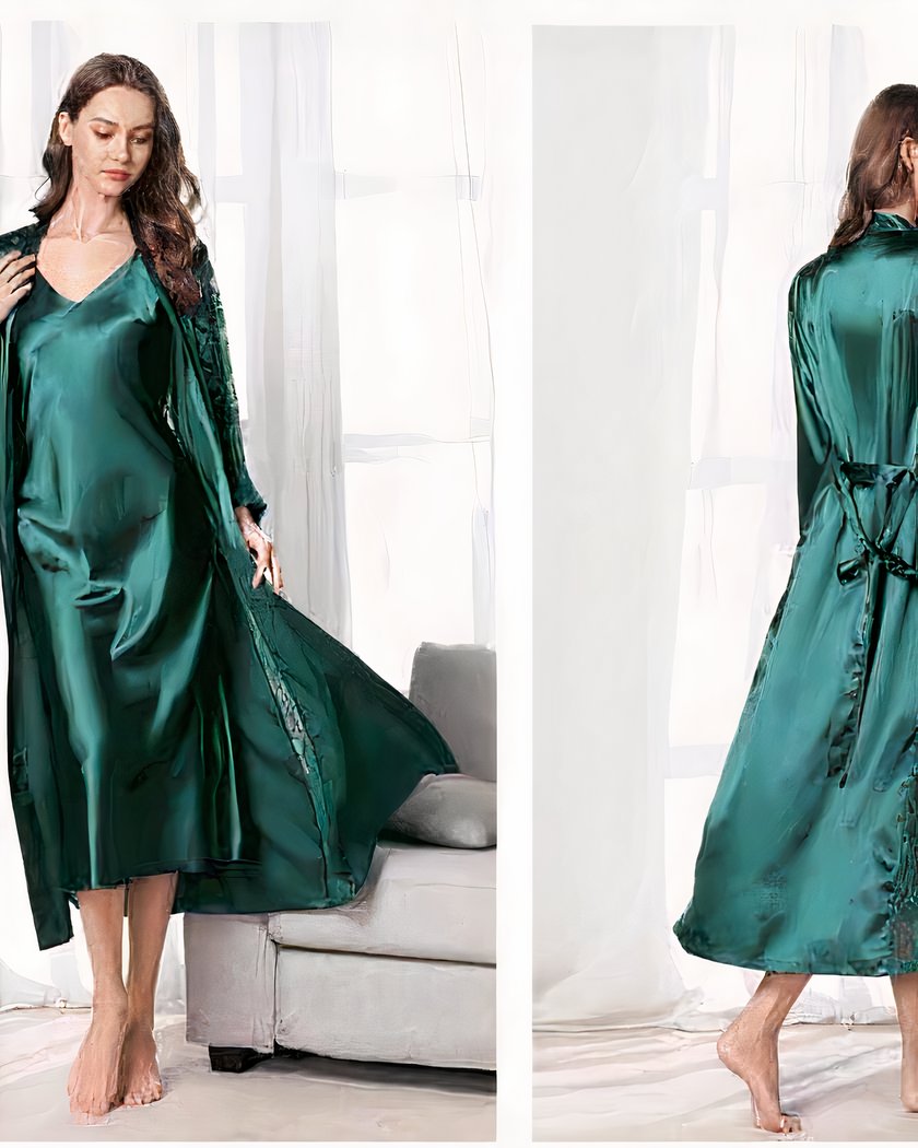 Ensemble Nuisette Longue et Kimono en Satin Vert