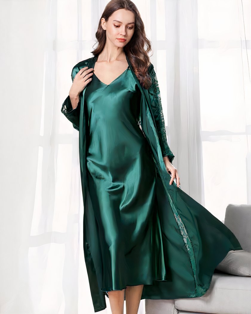 Ensemble Nuisette Longue et Kimono en Satin Vert