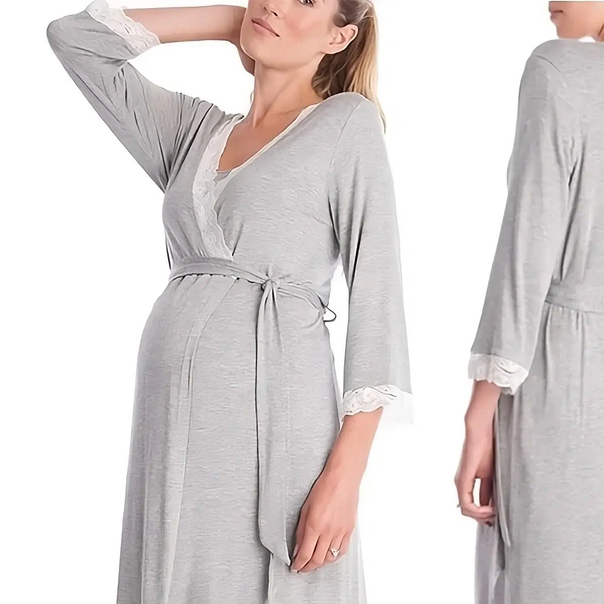 Décolleté croisé et bordures blanches du peignoir gris