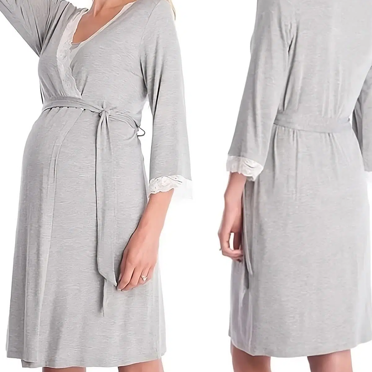 Ceinture et longueur au genou du peignoir de maternité gris