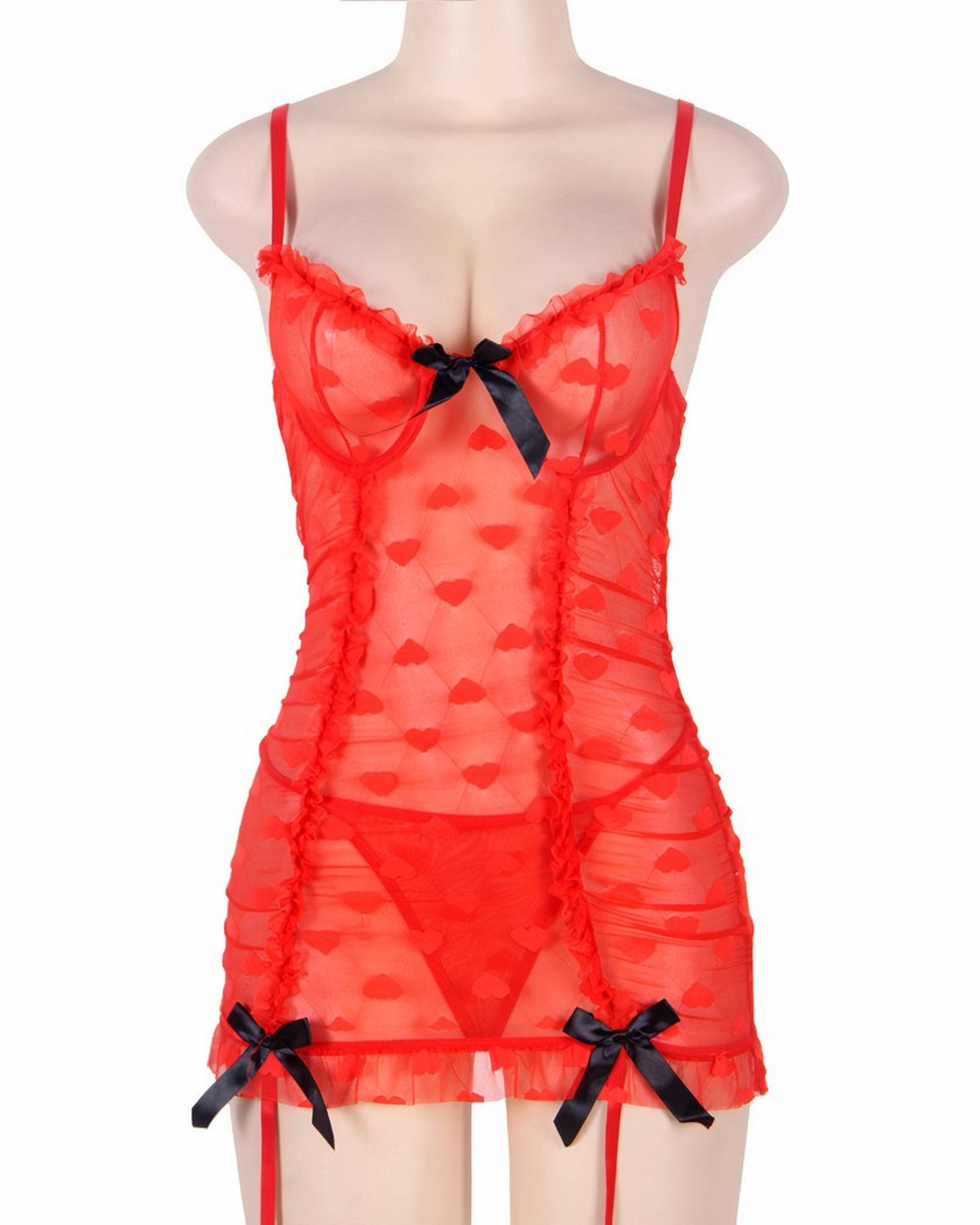 Nuisette rouge a coeurs portee sur mannequin fantome, vue de face