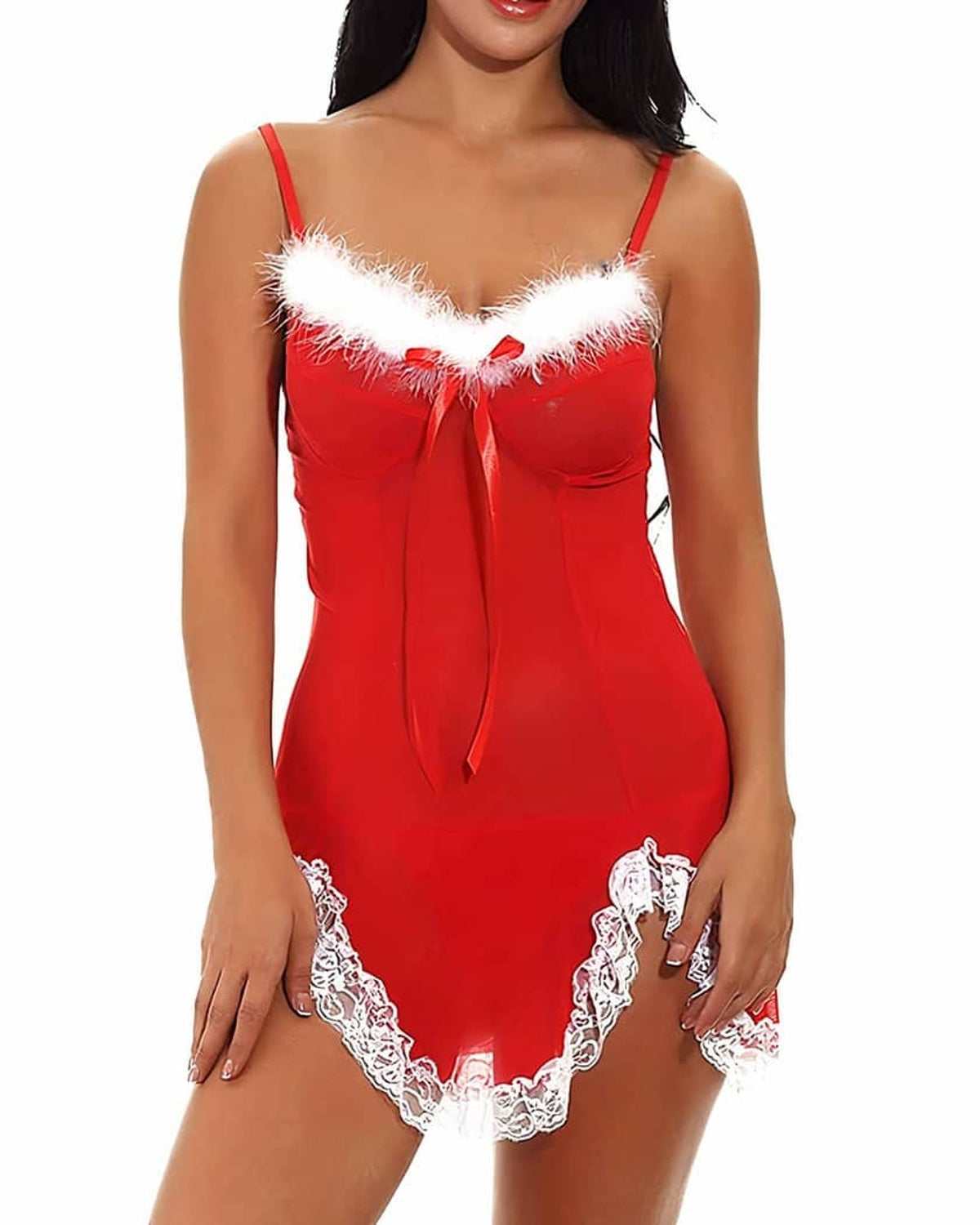 Nuisette de Noël rouge portée de face, décolleté bordé de plumes