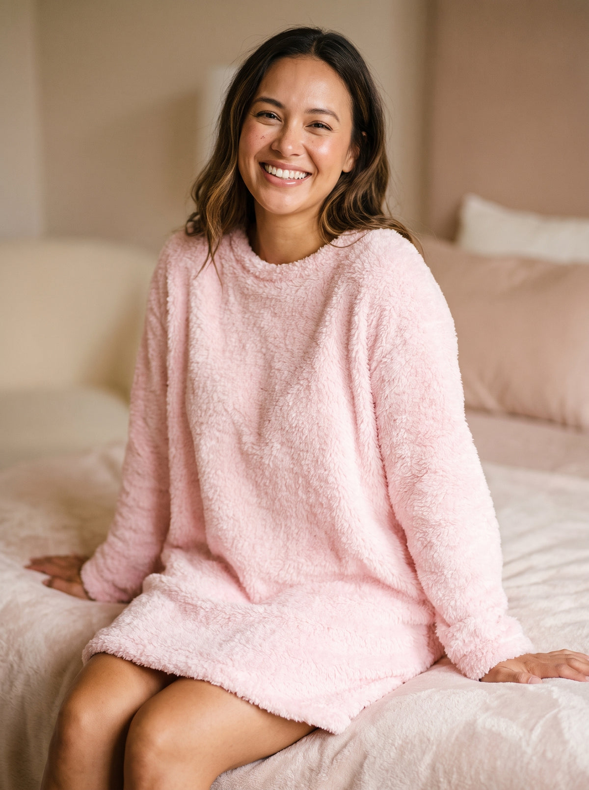 Modele souriante portant la robe de nuit rose surdimensionnee, cadrage mi-cuisse dans un boudoir intime