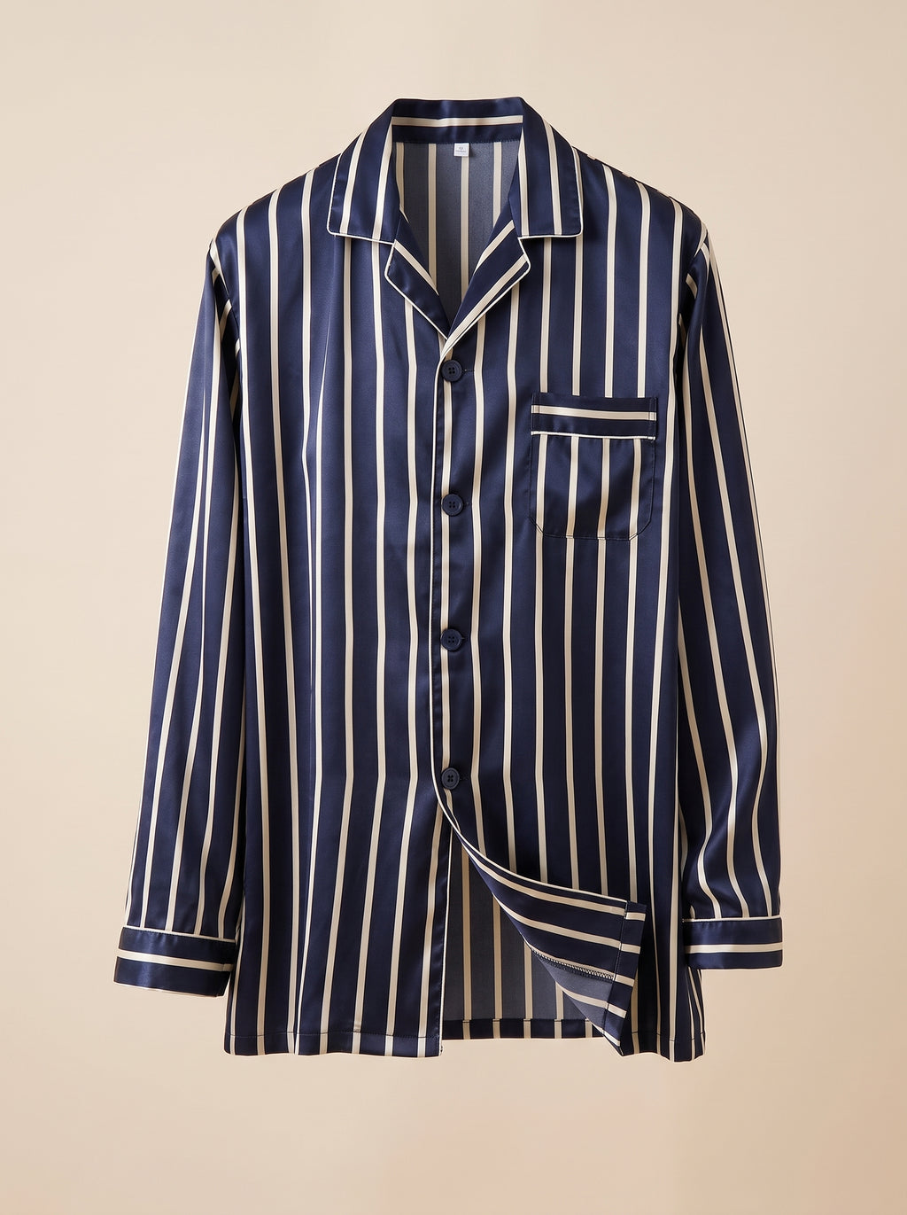 Pyjama homme bleu à rayures, vue mannequin invisible du haut en satin