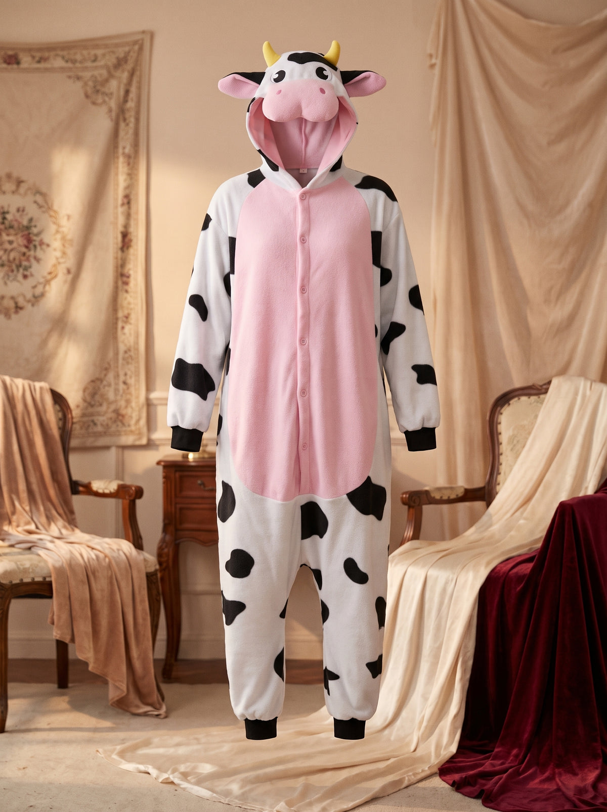 Combinaison pyjama vache a boutons en mannequin invisible, vue de face sur fond boudoir