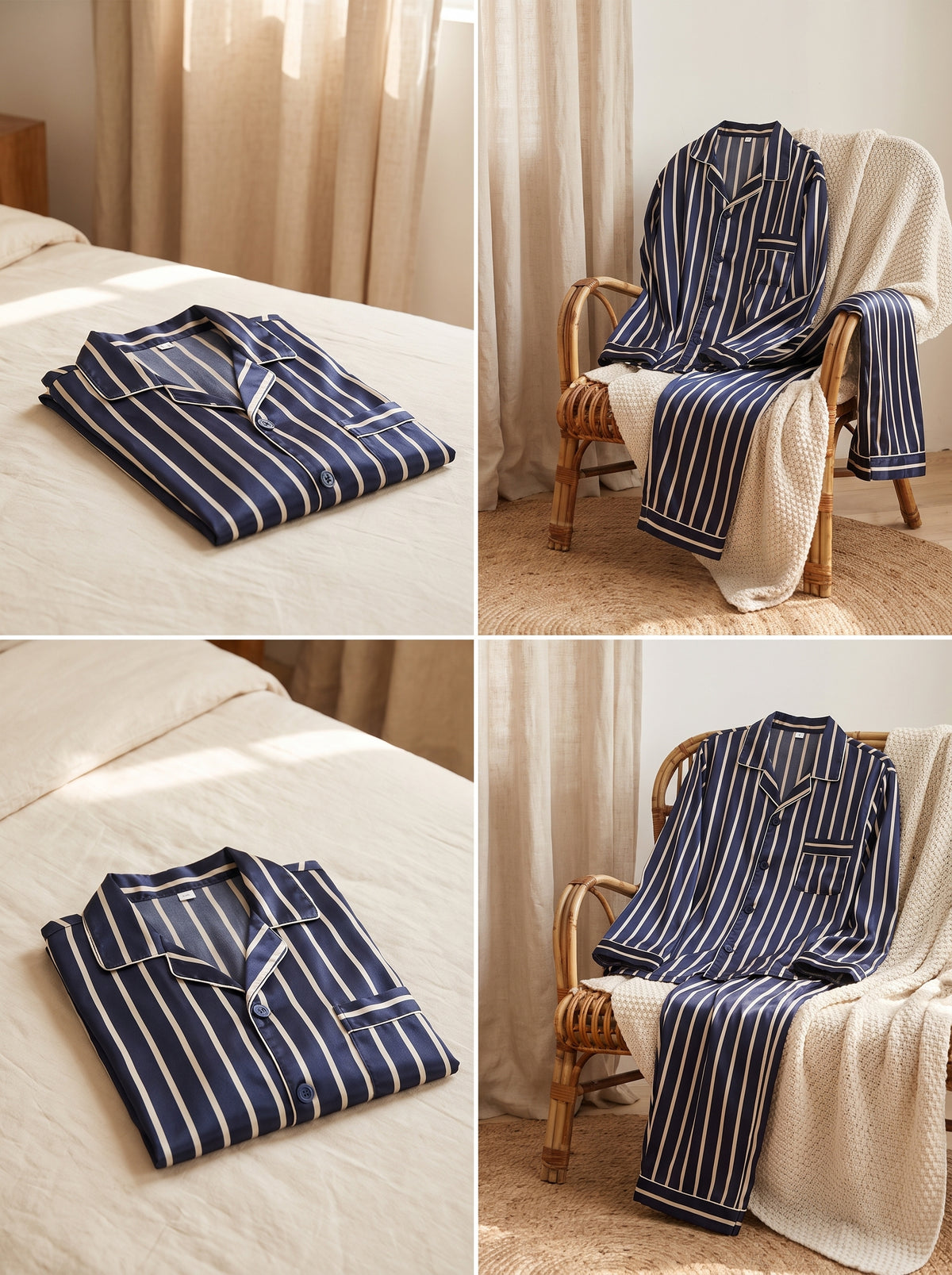 Pyjama homme bleu à rayures en situation boudoir élégant