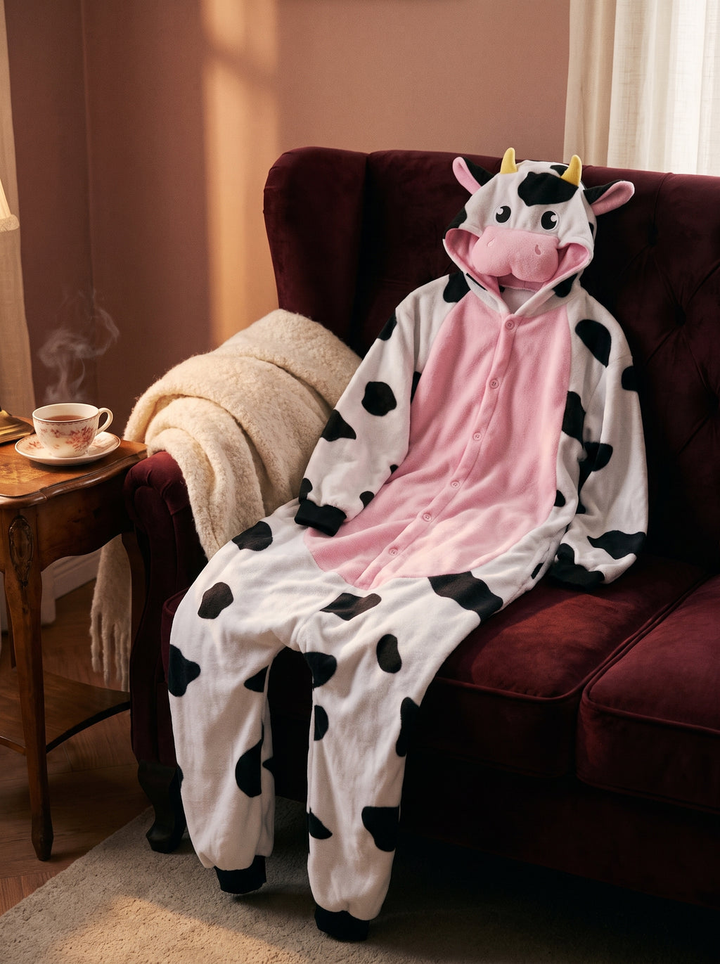 Combinaison pyjama vache posee sur un canape en velours bordeaux, ambiance cosy et boudoir