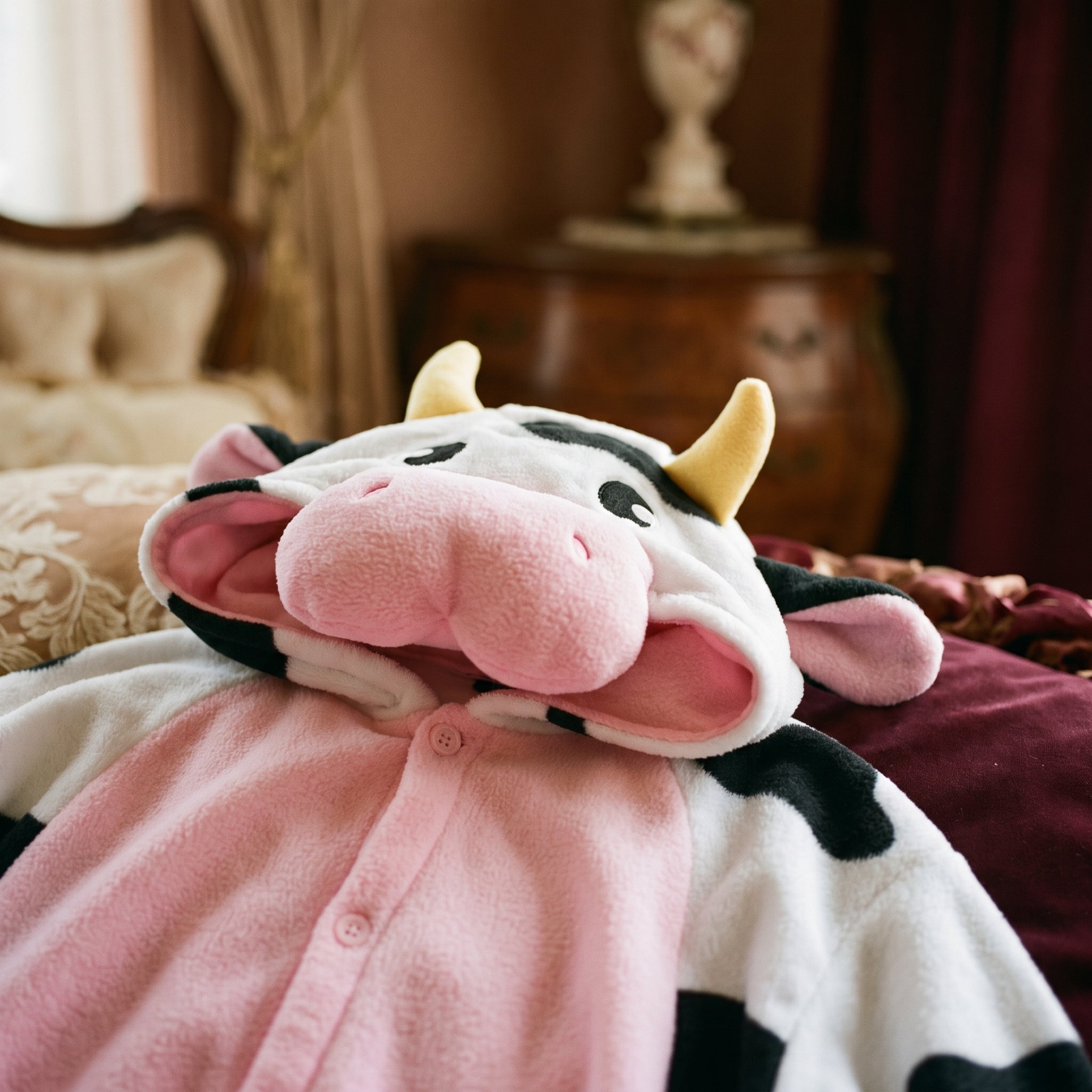 Gros plan sur la capuche en tete de vache avec museau rose en relief, oreilles tombantes et cornes jaunes Image
