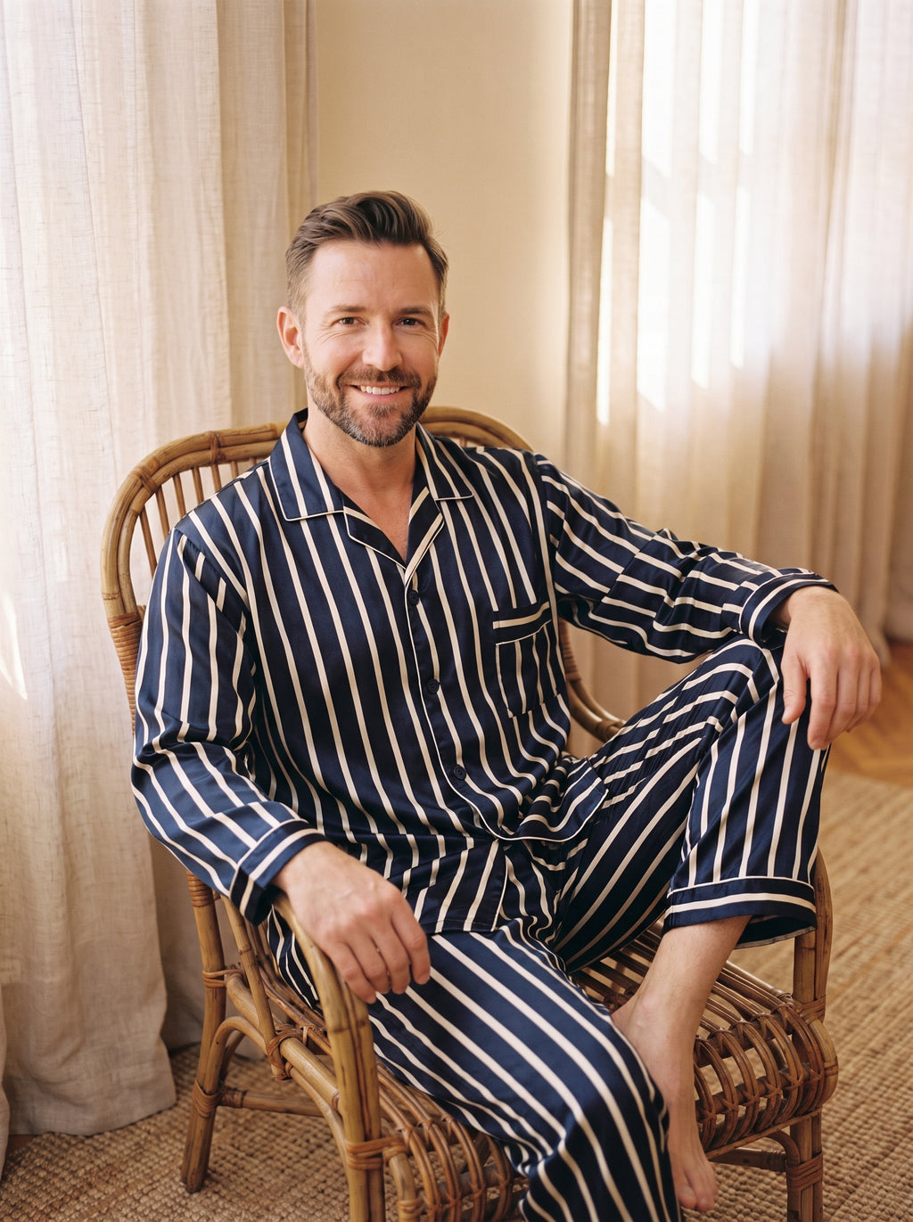 Porté du pyjama homme bleu à rayures blanches en satin, modèle souriant dans un décor boudoir