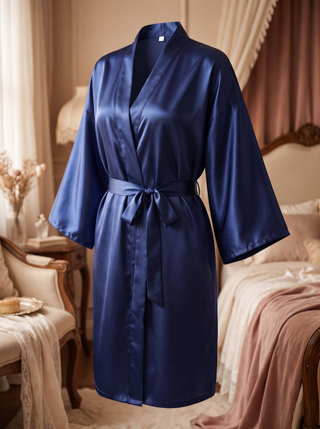 Peignoir kimono satiné bleu marine vu de face, effet mannequin invisible