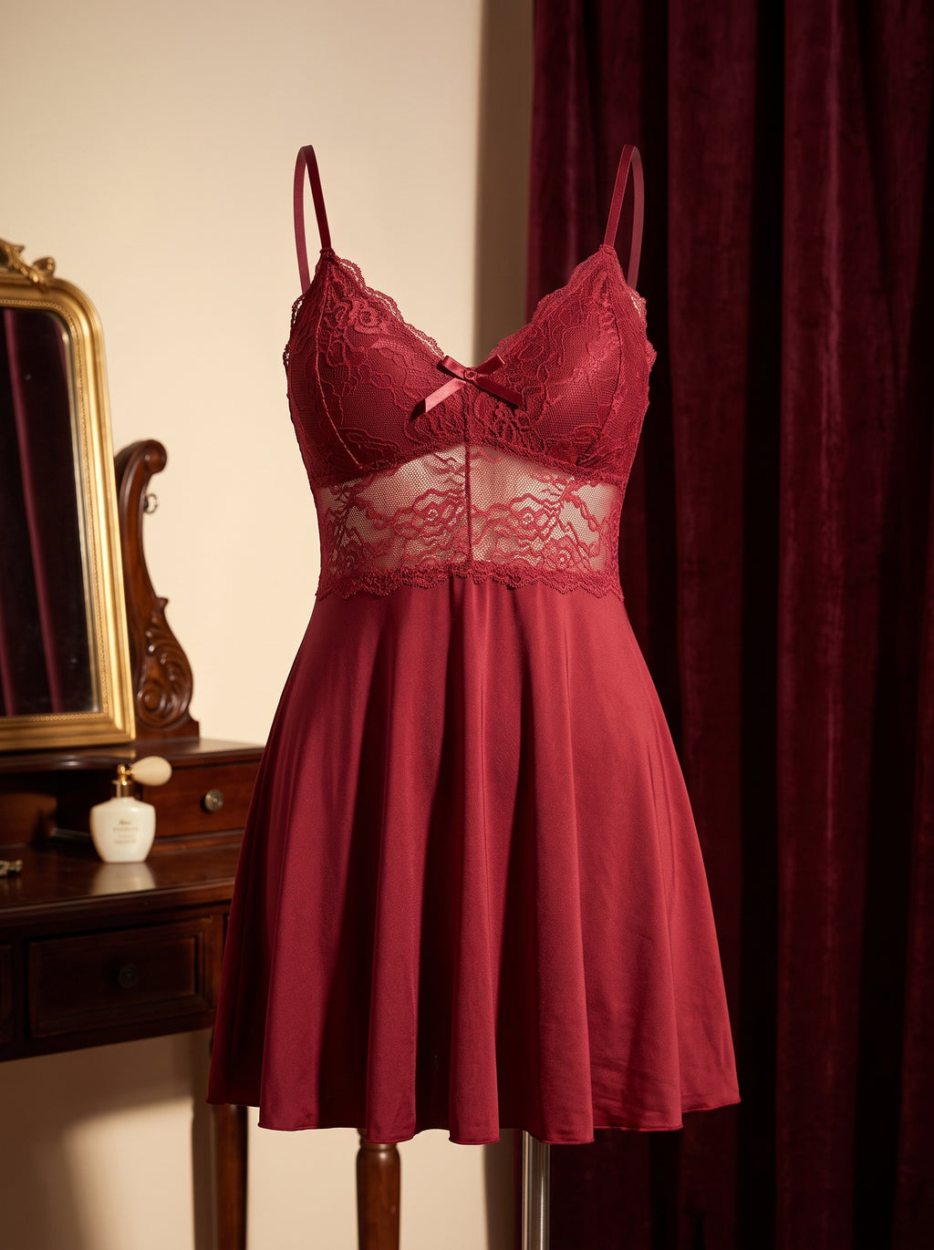 Nuisette rouge en dentelle présentée de face dans un décor boudoir