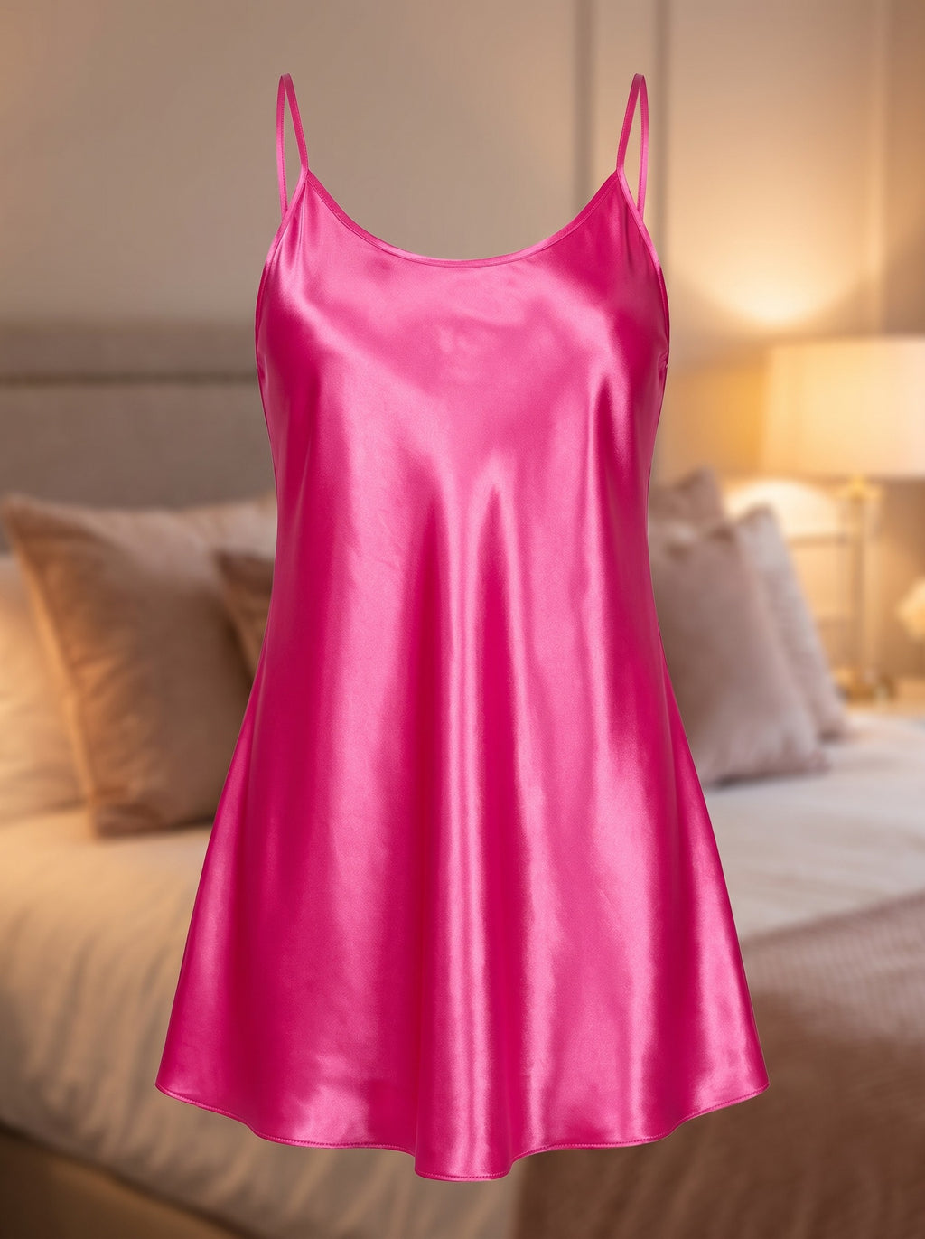Nuisette courte en satin rose fuchsia portée en mannequin invisible, vue de face, encolure arrondie, satin brillant
