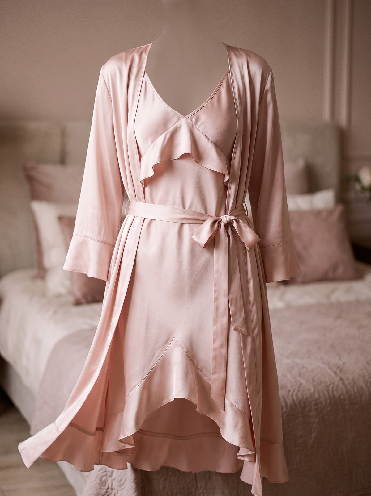 Ensemble nuisette et kimono rose en satin de soie présenté sur mannequin invisible, volant sous la poitrine visible