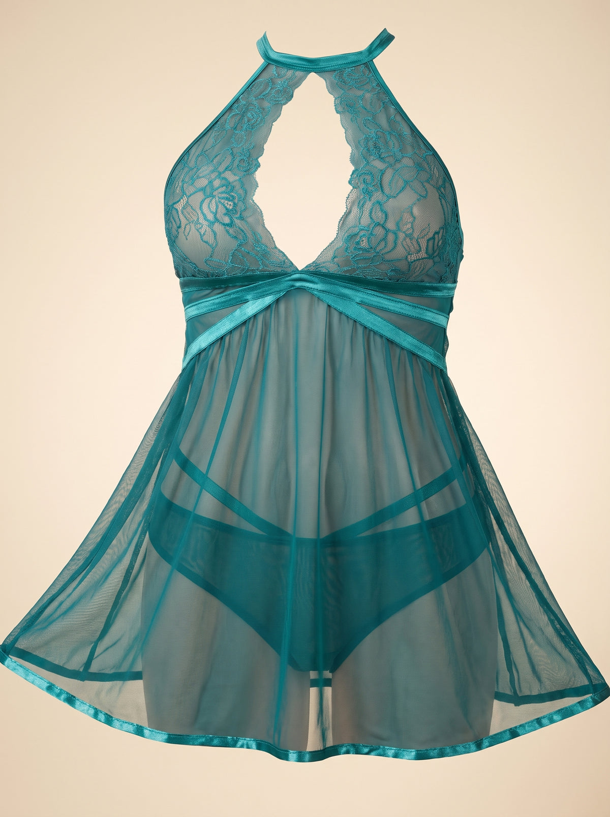 Nuisette bleu canard présentée de face avec sa culotte assortie
