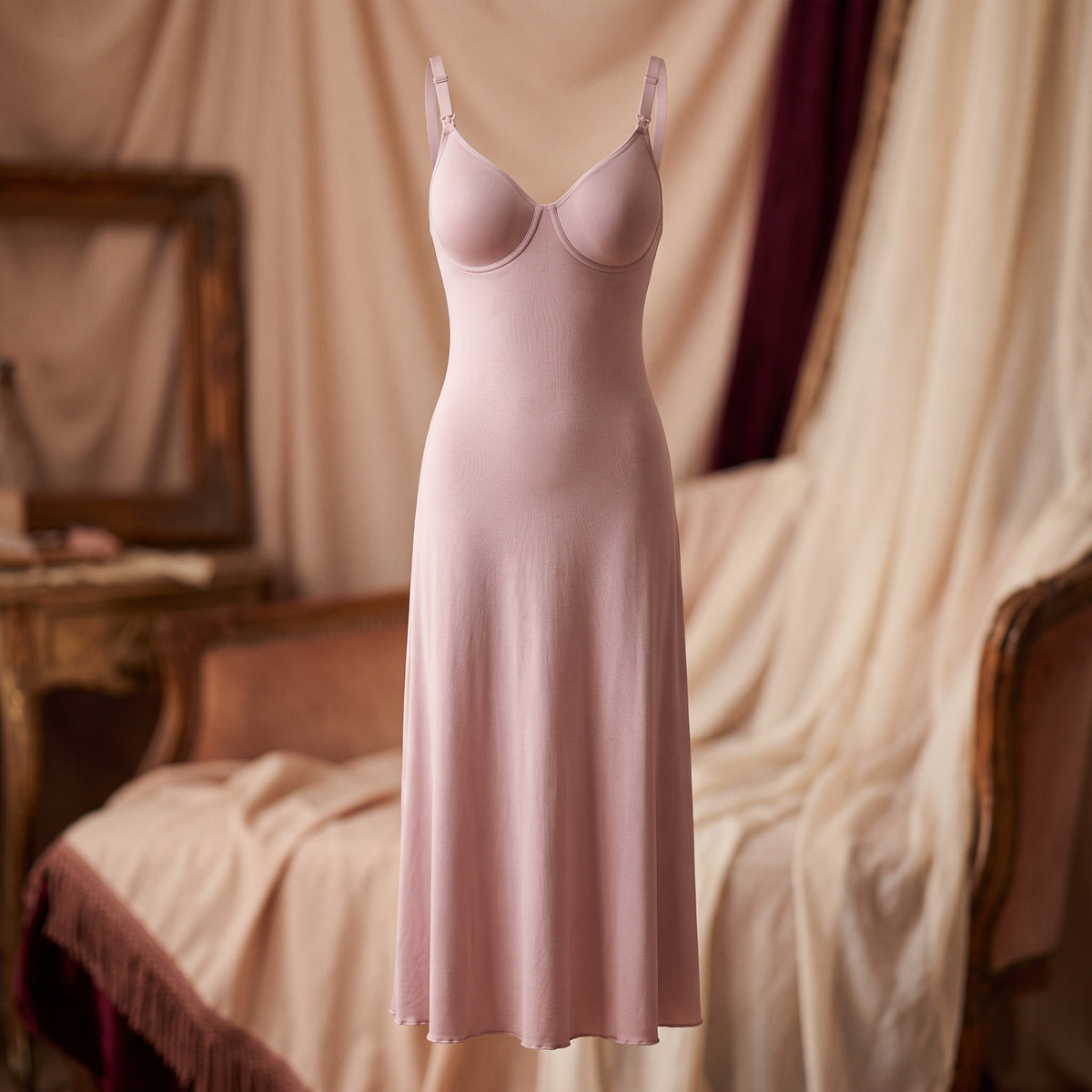 Nuisette d'allaitement rose sur mannequin invisible, clips d'allaitement sur les bretelles