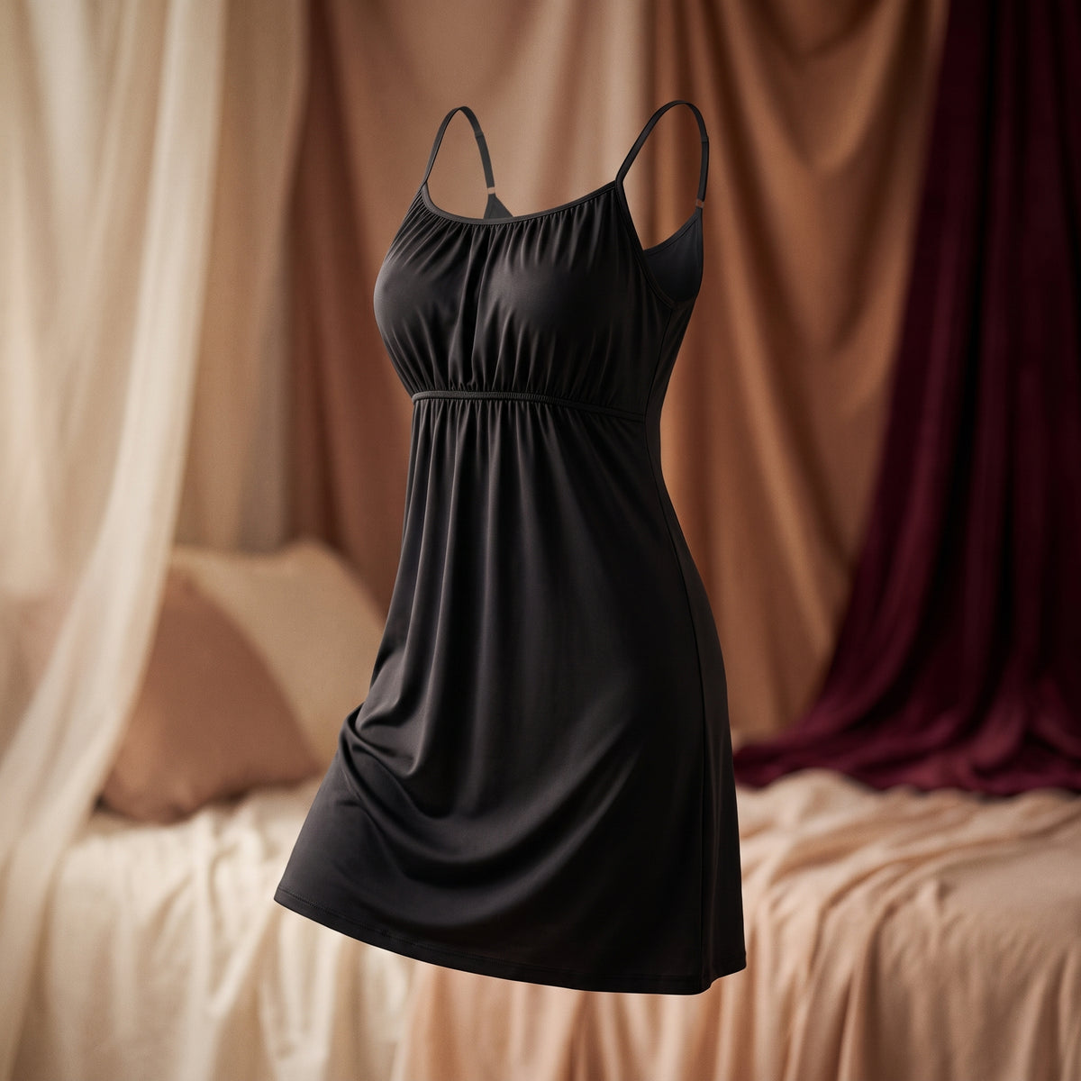 Nuisette d'allaitement noire sur mannequin invisible, devant superposé et fines bretelles