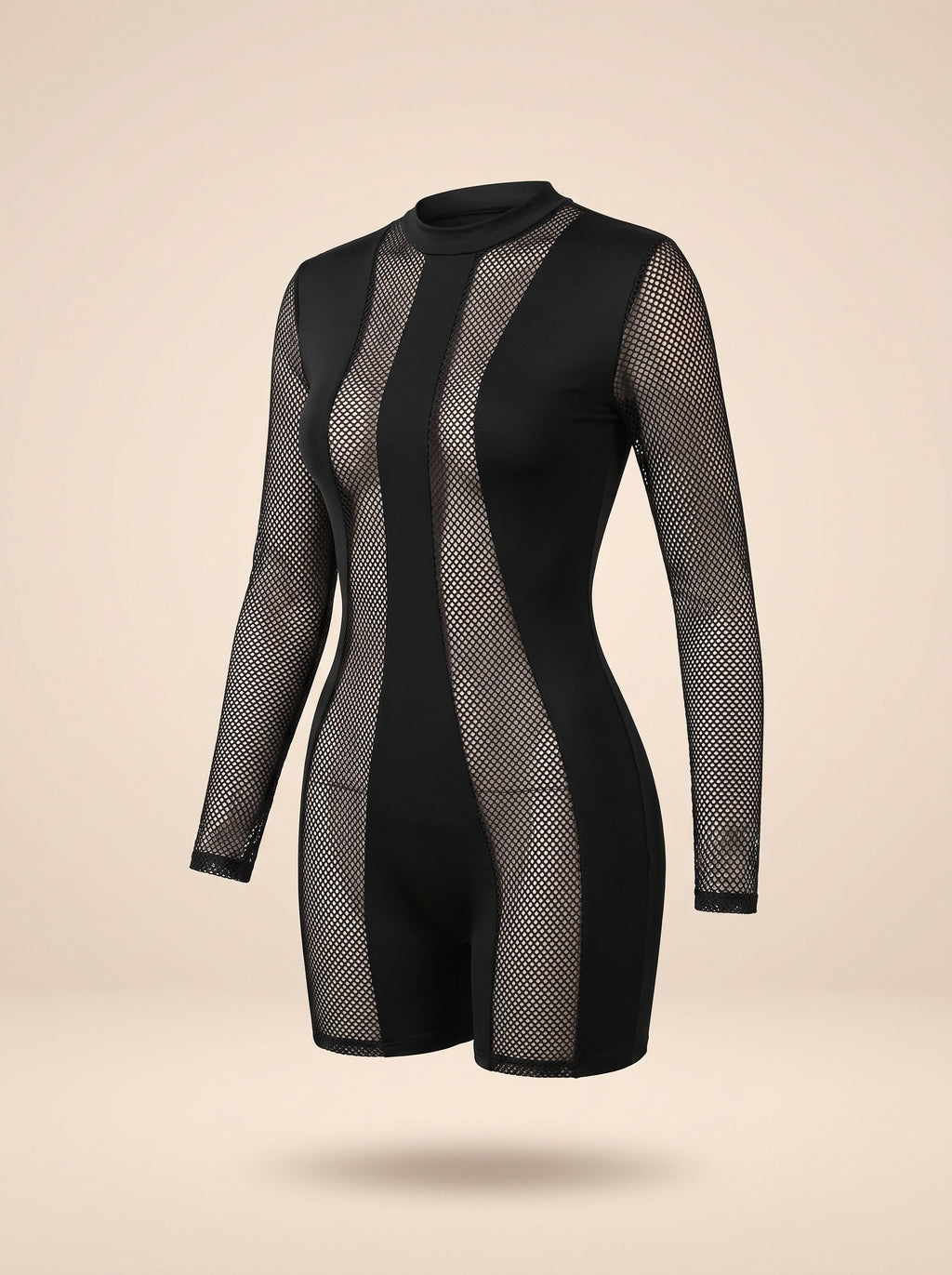 Combinaison résille noire sur mannequin invisible, panneaux opaques et empiècements en maille