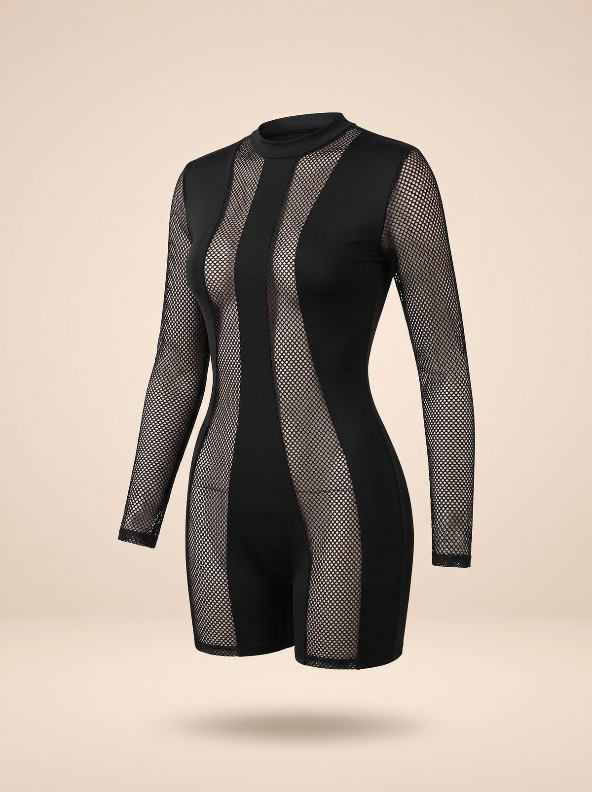 Combinaison résille noire sur mannequin invisible, panneaux opaques et empiècements en maille