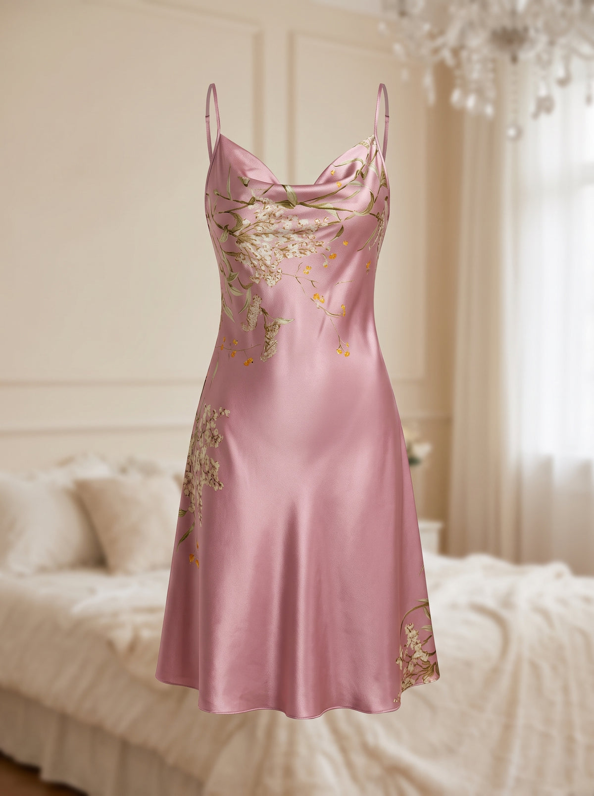 Nuisette en satin rose vue de face sans mannequin, décolleté drapé et branche fleurie sur le buste