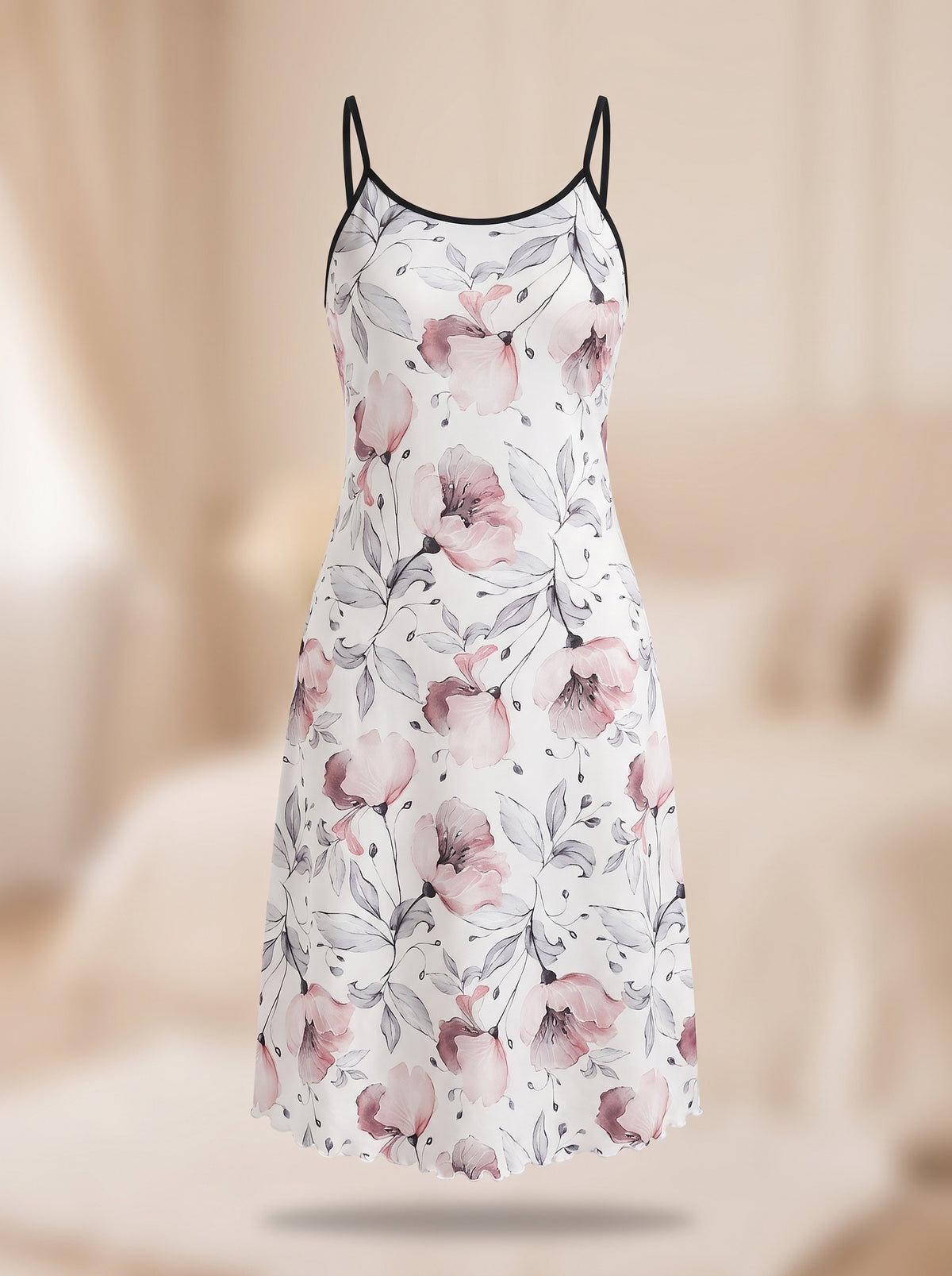 Nuisette blanche mi-longue à fleurs sur mannequin invisible, encolure bordée de noir
