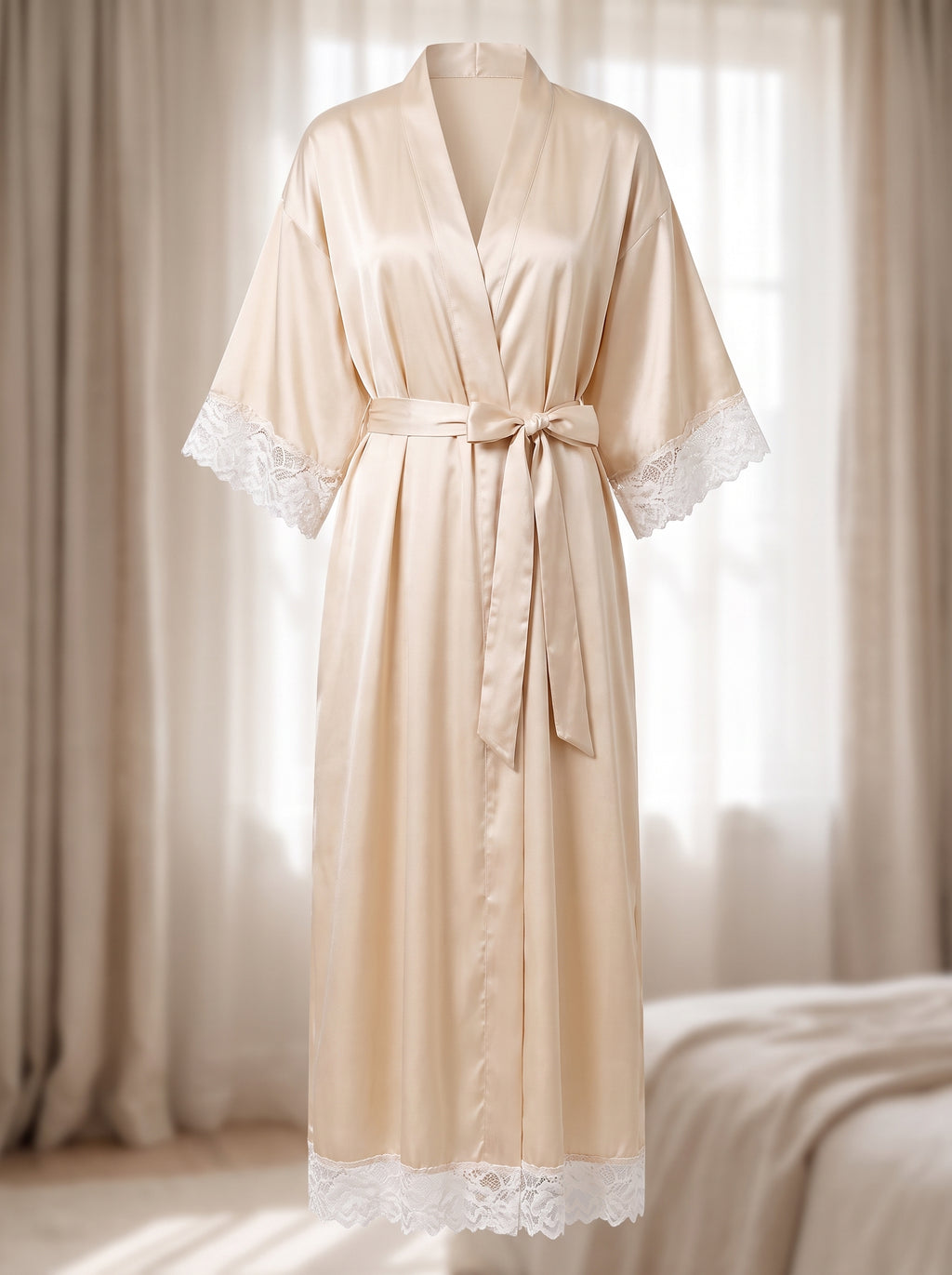Robe nuisette longue beige en satin vue entière, du col au volant de dentelle de l'ourlet