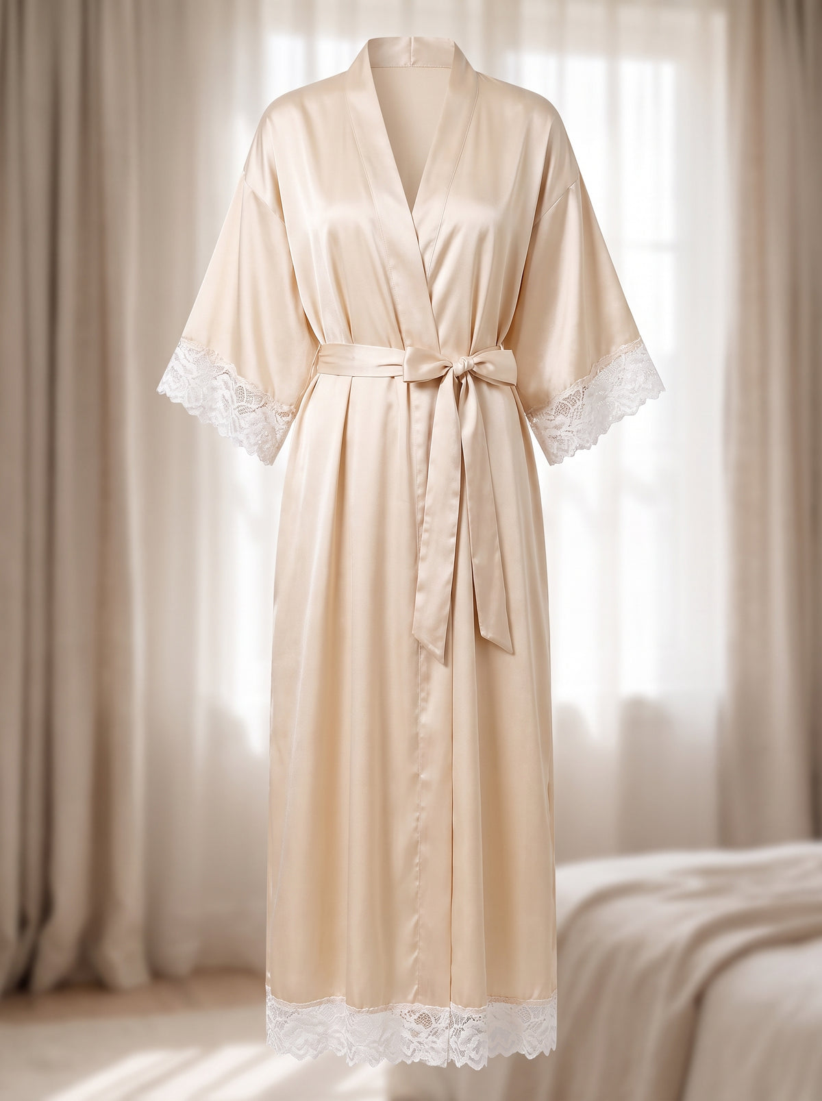 Robe nuisette longue beige en satin vue entière, du col au volant de dentelle de l'ourlet