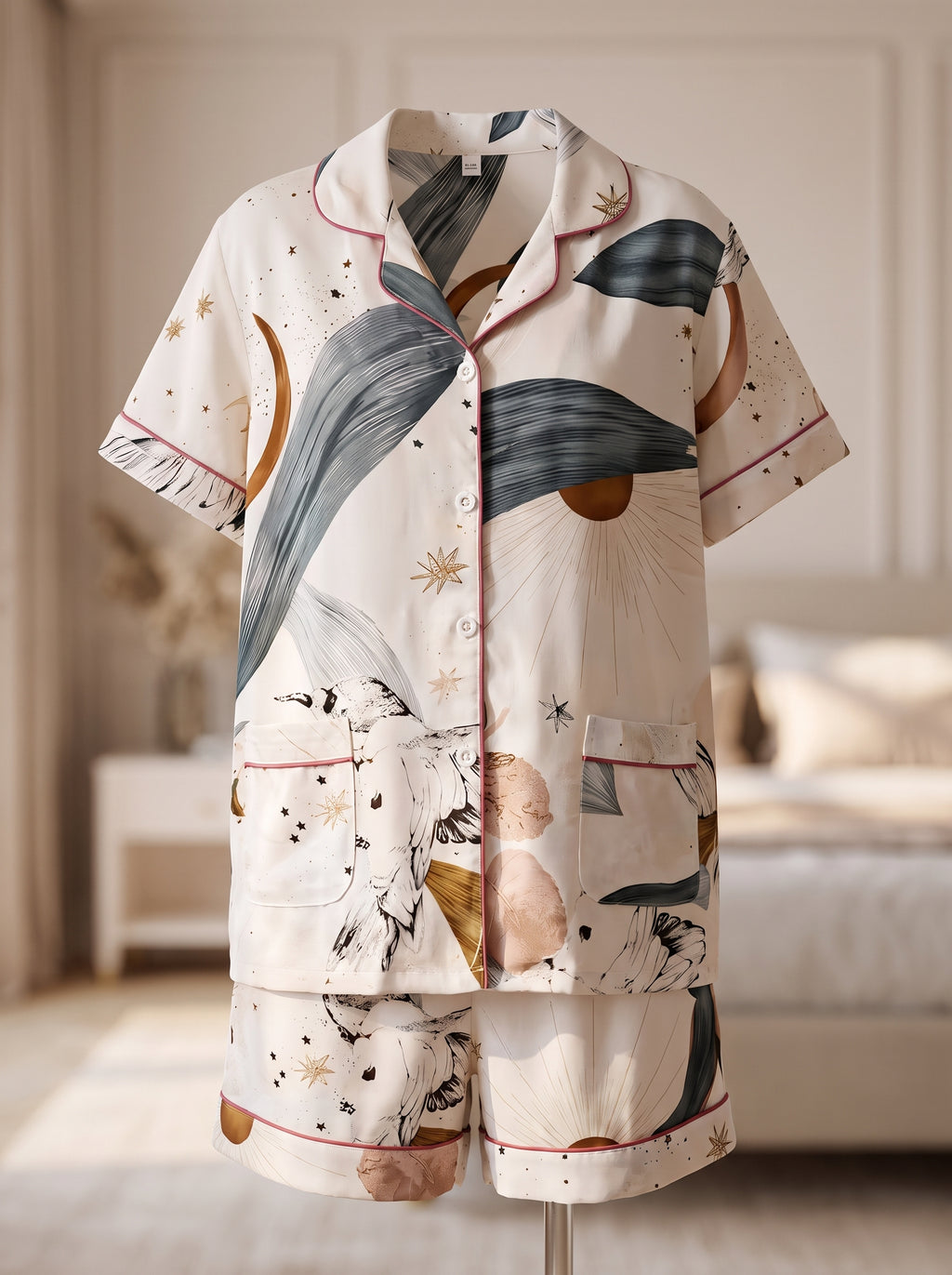 Ensemble de pyjama crème présenté seul, chemise boutonnée à passepoil framboise au-dessus de son short