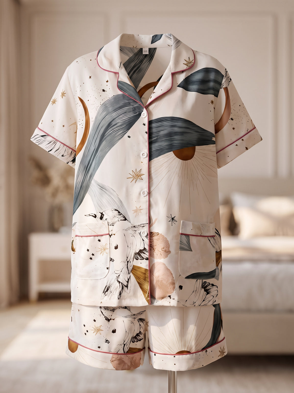 Ensemble de pyjama crème présenté seul, chemise boutonnée à passepoil framboise au-dessus de son short