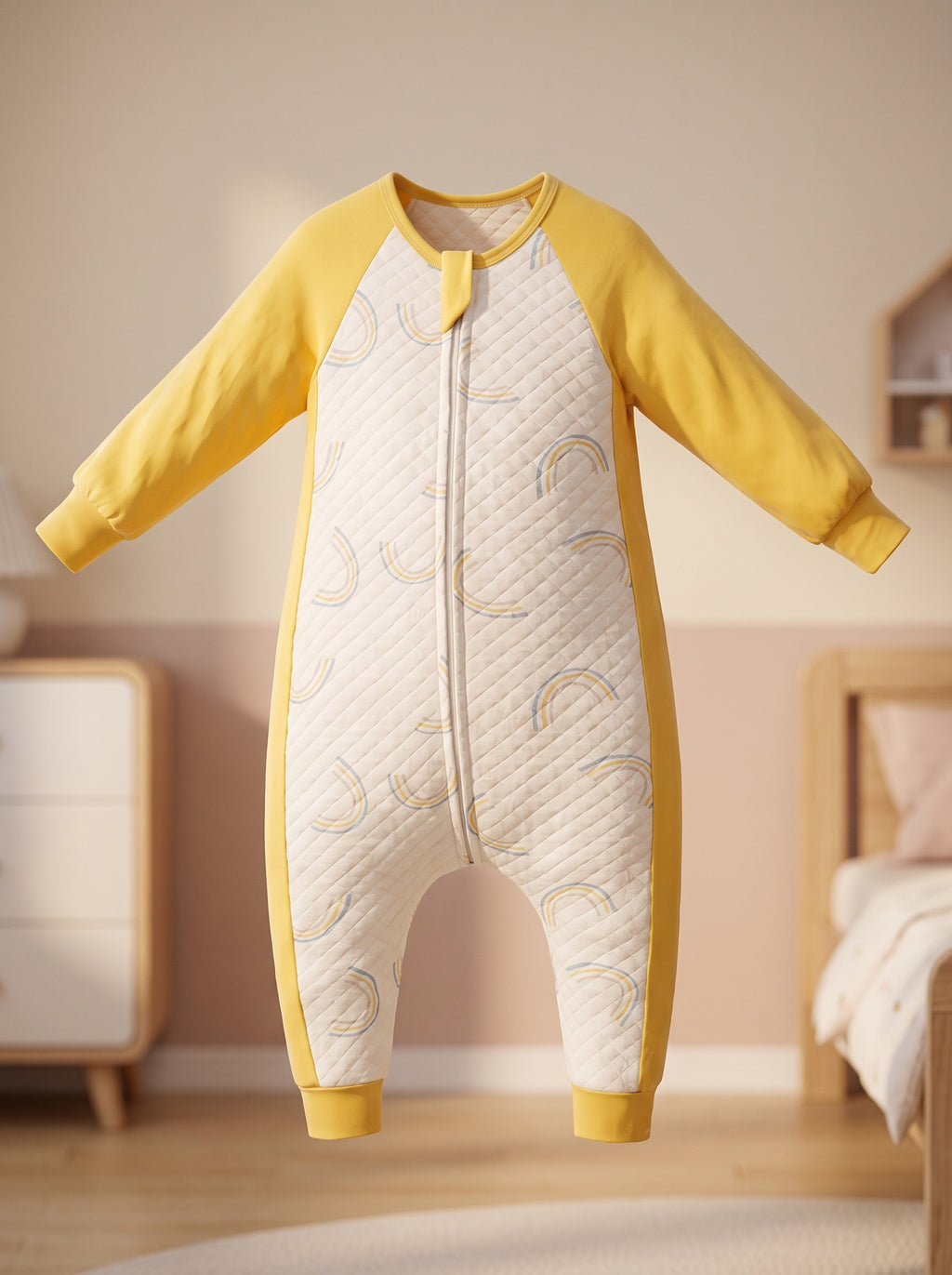 Pyjama enfant jaune et écru à arcs-en-ciel présenté seul, de l'encolure aux deux bords de cheville