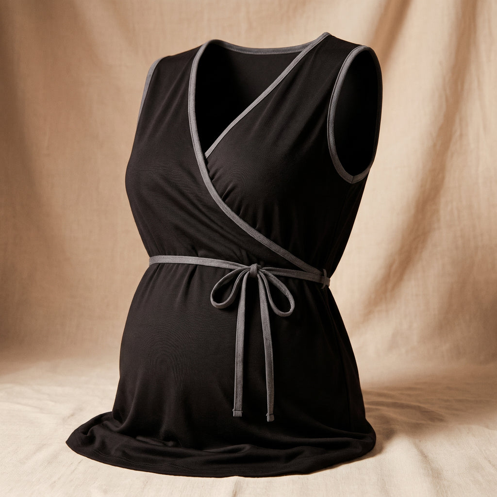 Nuisette d'allaitement noire sur mannequin invisible, devant croisé qui s'ouvre pour allaiter, liseré gris et lien à nouer