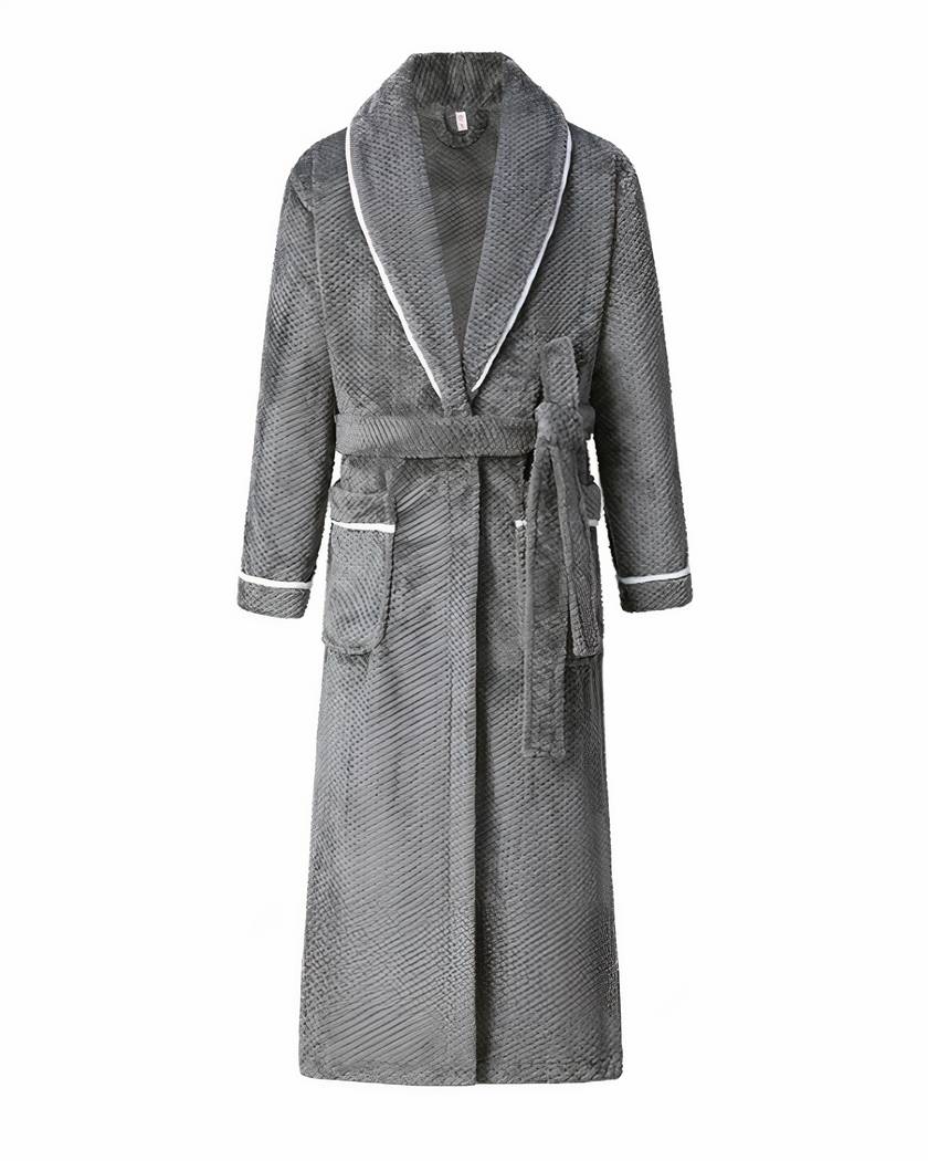 Robe de chambre en flanelle gaufrée, coloris gris moyen, col châle à passepoil blanc
