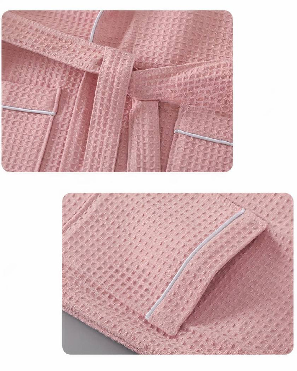 Détails du coloris rose poudré : ceinture nouée et poche plaquée bordée de passepoil blanc