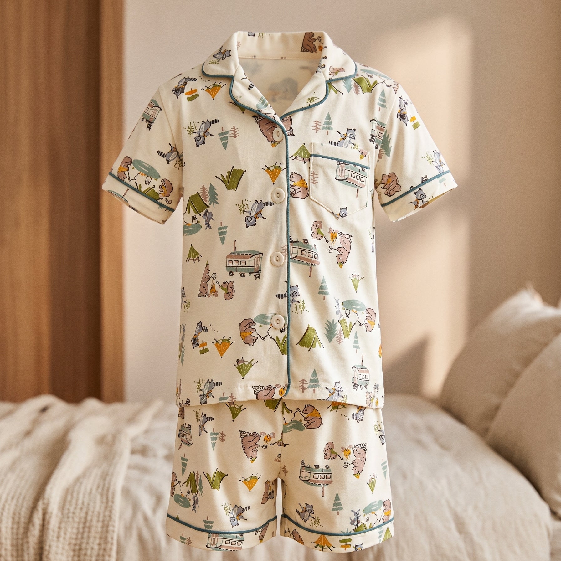 Pyjama d’été garçon deux pièces présenté dans une chambre au moment du coucher Image