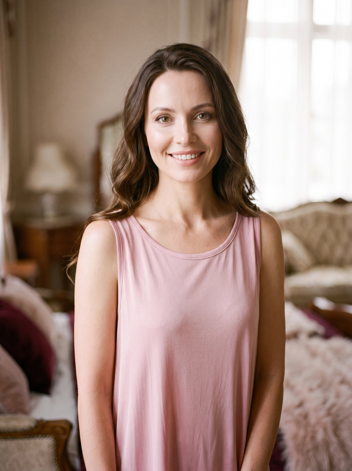 Femme souriante portant la nuisette sans manche rose en modal, encolure ronde, dans une chambre boudoir