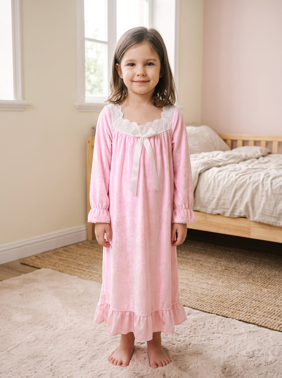 Petite fille souriante debout pieds nus dans sa chambre, en chemise de nuit rose poudré, col de dentelle anglaise à ruban noué et ourlet à volant à la cheville