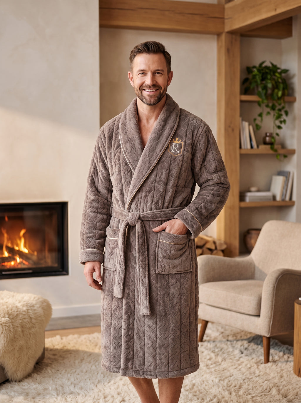 Peignoir homme en polaire matelassée à col châle et ceinture