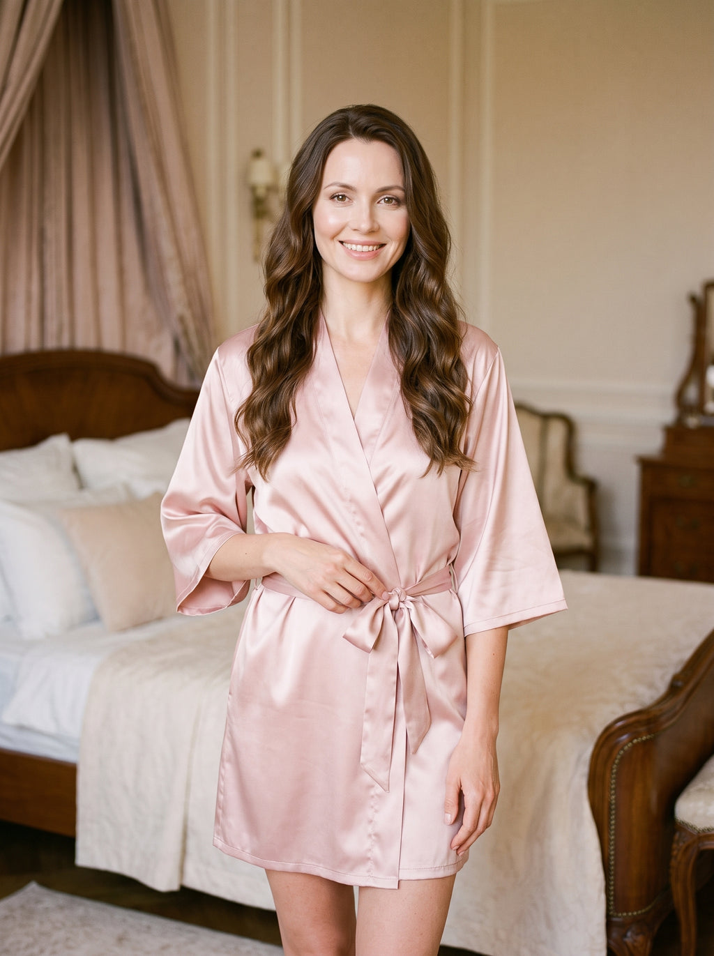Femme debout dans une chambre claire, en peignoir kimono rose doré, une main posée sur le nœud de la ceinture