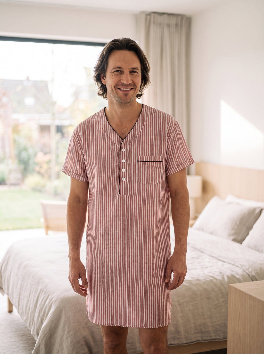 Chemise de nuit homme rayée rouge en coton portée, chambre lumineuse