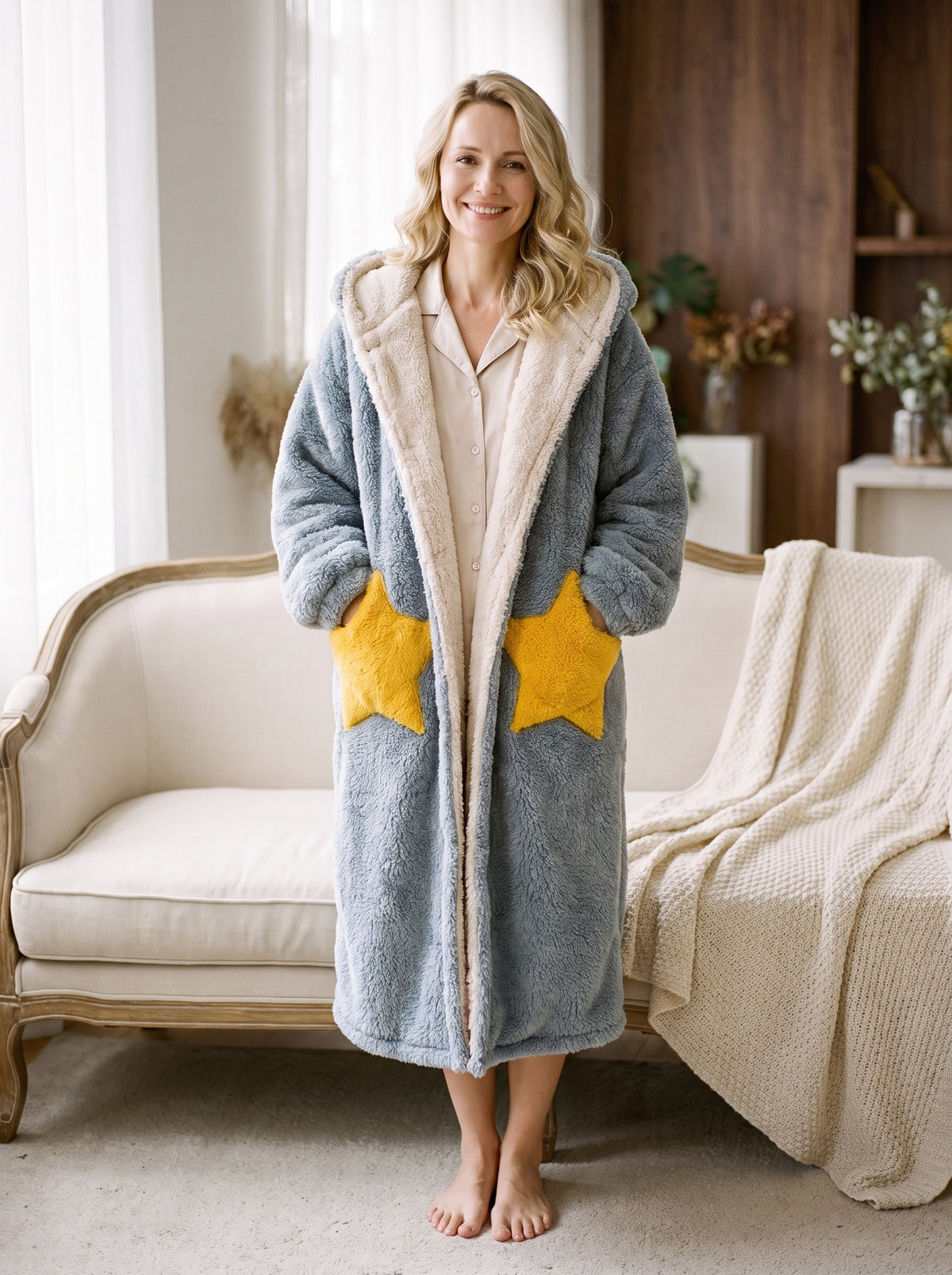 Robe de chambre en polaire bleu gris portée ouverte, poches en étoile