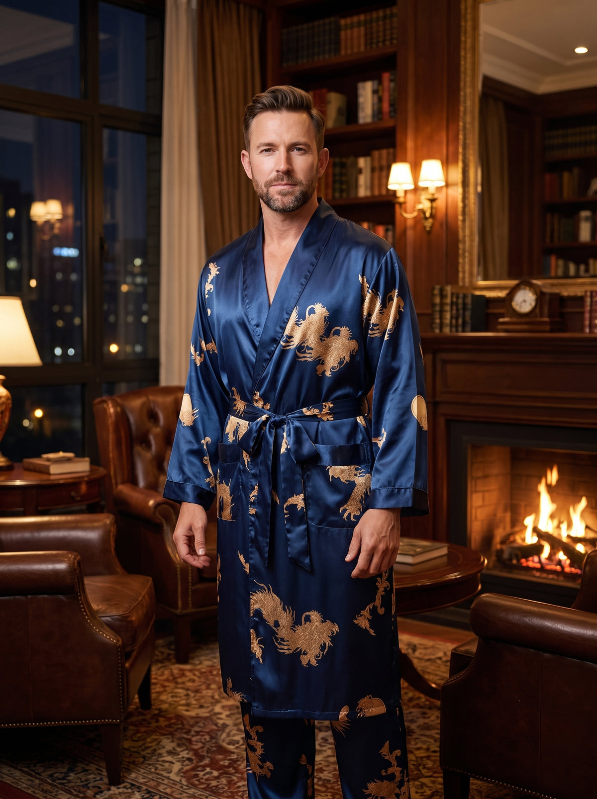 Homme en peignoir kimono satin bleu marine à imprimé dragon doré et pantalon