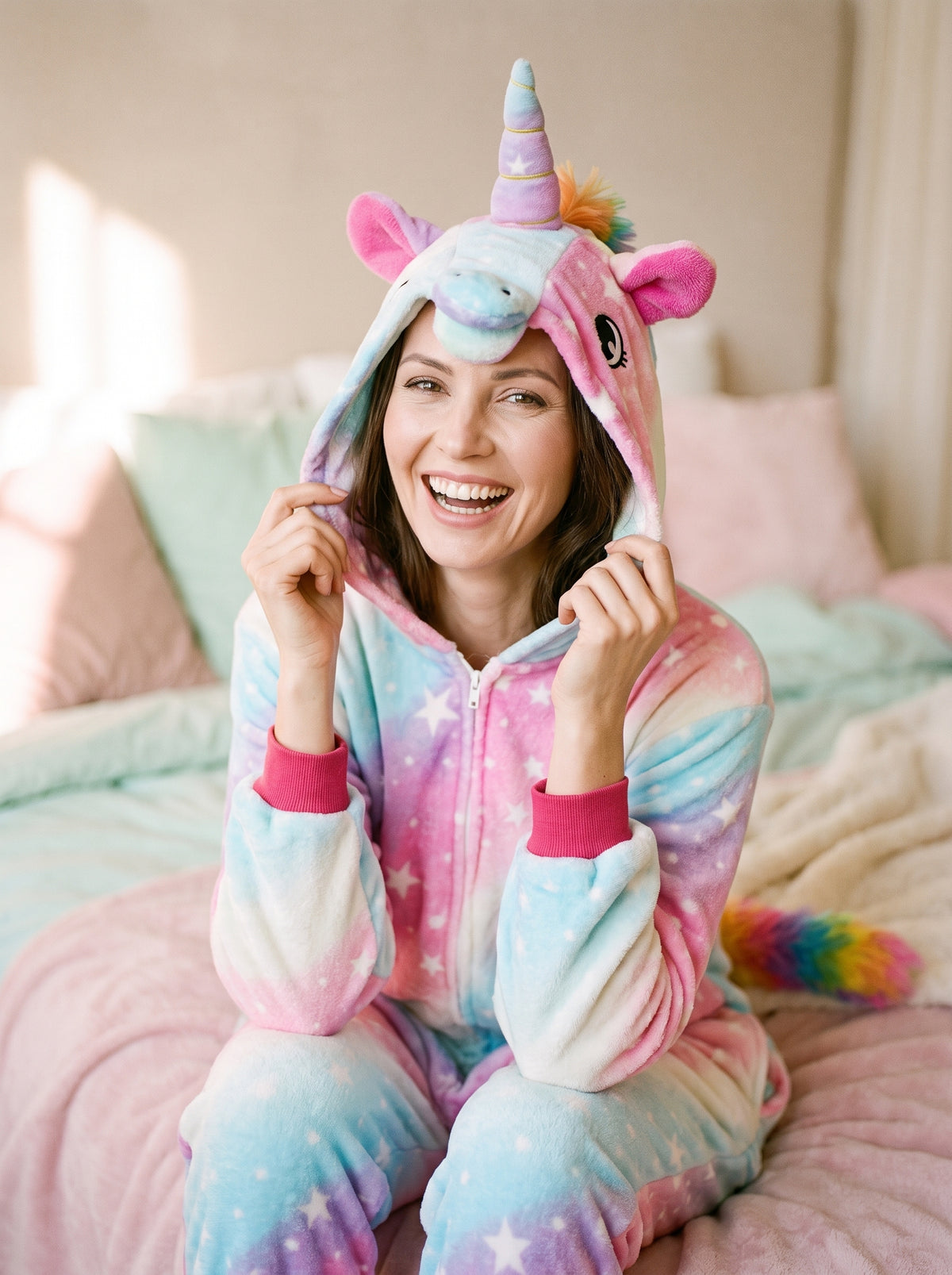 Femme portant une combinaison pyjama licorne pastel à capuche, corne et oreilles
