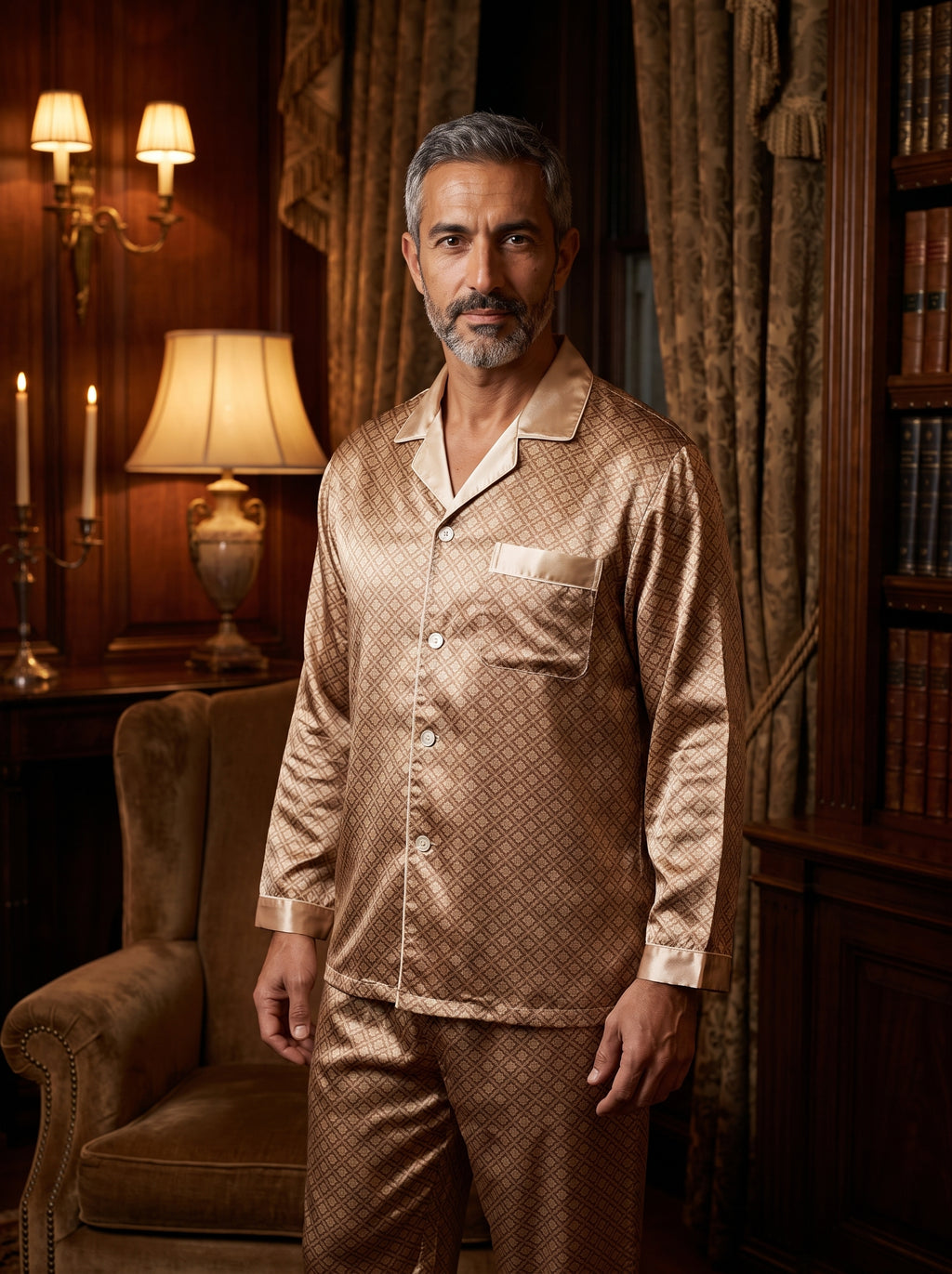 Homme en pyjama satin doré à imprimé géométrique, chemise col cranté et pantalon