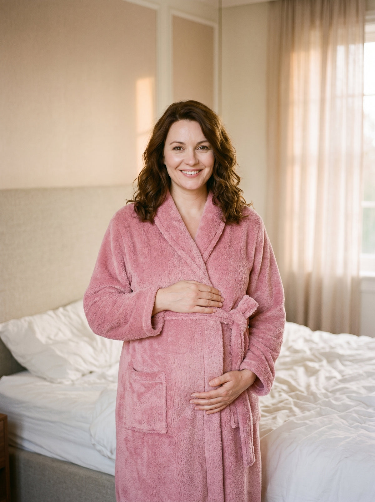 Femme enceinte debout en peignoir de maternité rose effet fourrure, col châle croisé et ceinture nouée sur la hanche