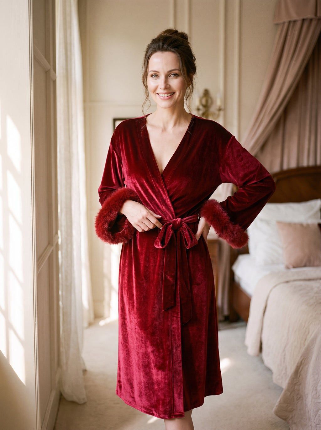 Femme souriante en peignoir de velours rouge, la ceinture nouée à la taille et les poignets bordés de fourrure