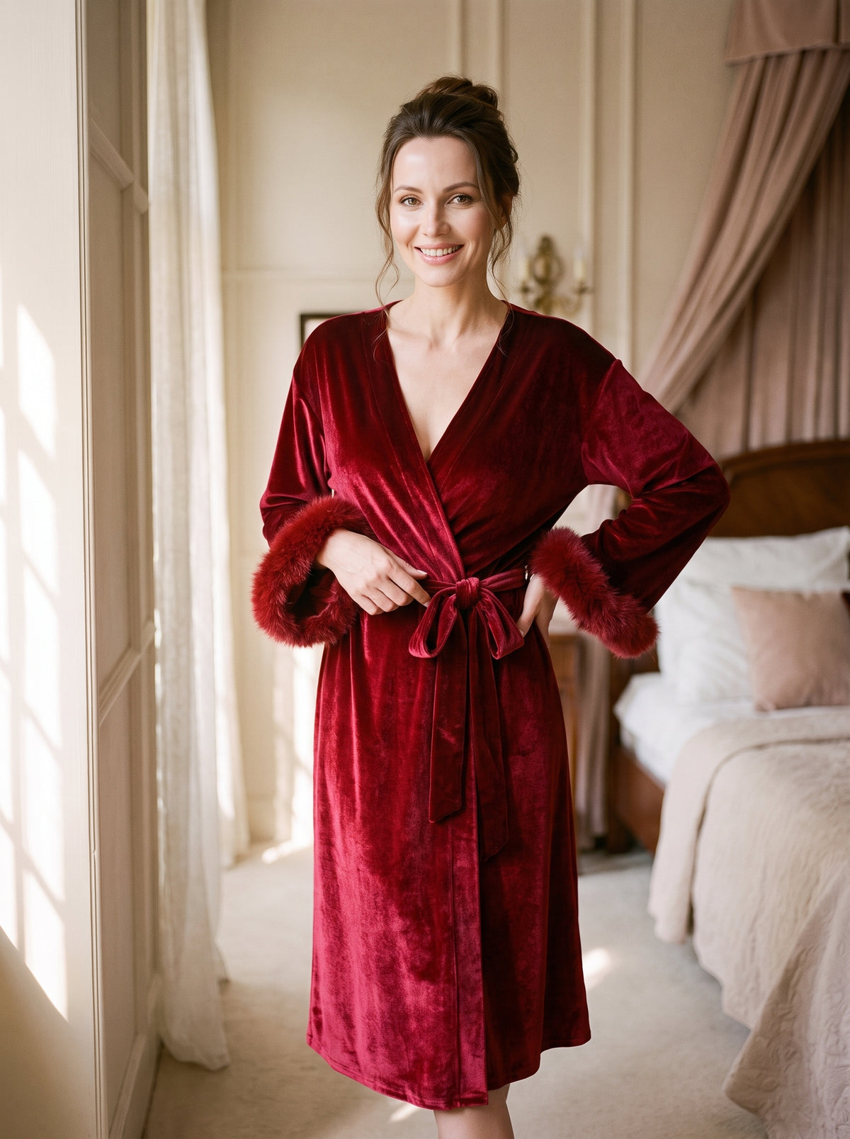 Femme souriante en peignoir de velours rouge, la ceinture nouée à la taille et les poignets bordés de fourrure
